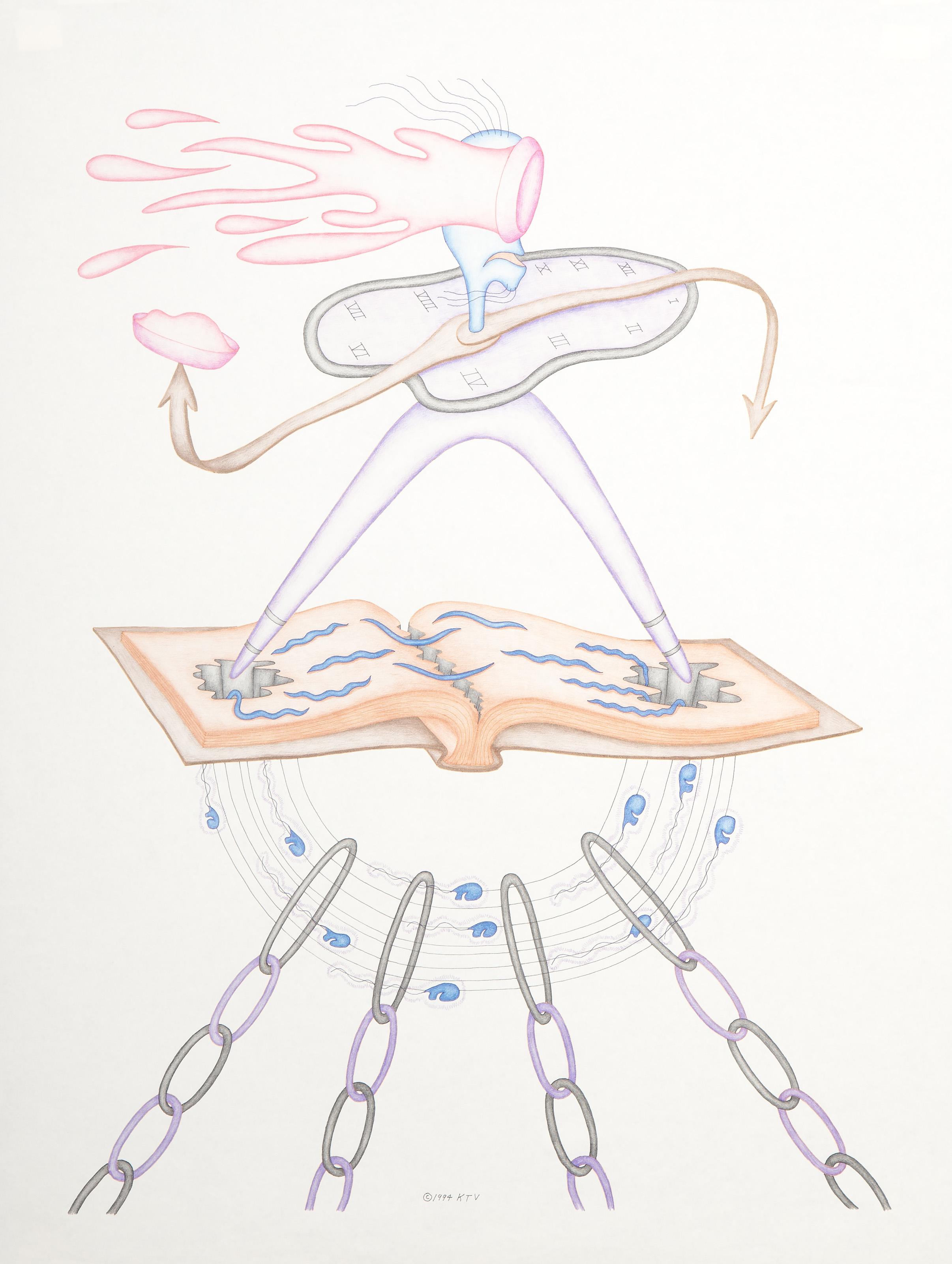 Kevin Varner, American (1954 - 2019) -  Primordial Pie. Year: 1994, Medium: Color Pencil and Ink on Paper, signed and dated lower left, Size: 27 x 21 in. (68.58 x 53.34 cm) 
