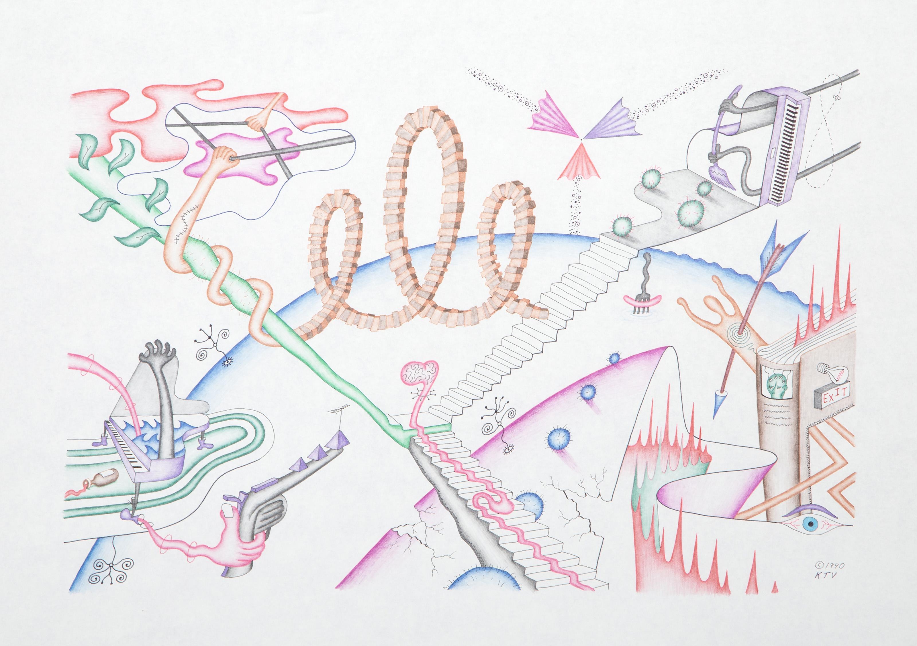 Kevin Varner, Américain (1954 - 2019) -  Le syndrome de la corne d'abondance inversement parallèle et de l'arachibutyrophobie. Année : 1990, Médium : Crayon de couleur et encre sur papier, signé et daté, titré au verso, Taille de l'image : 12 x 18