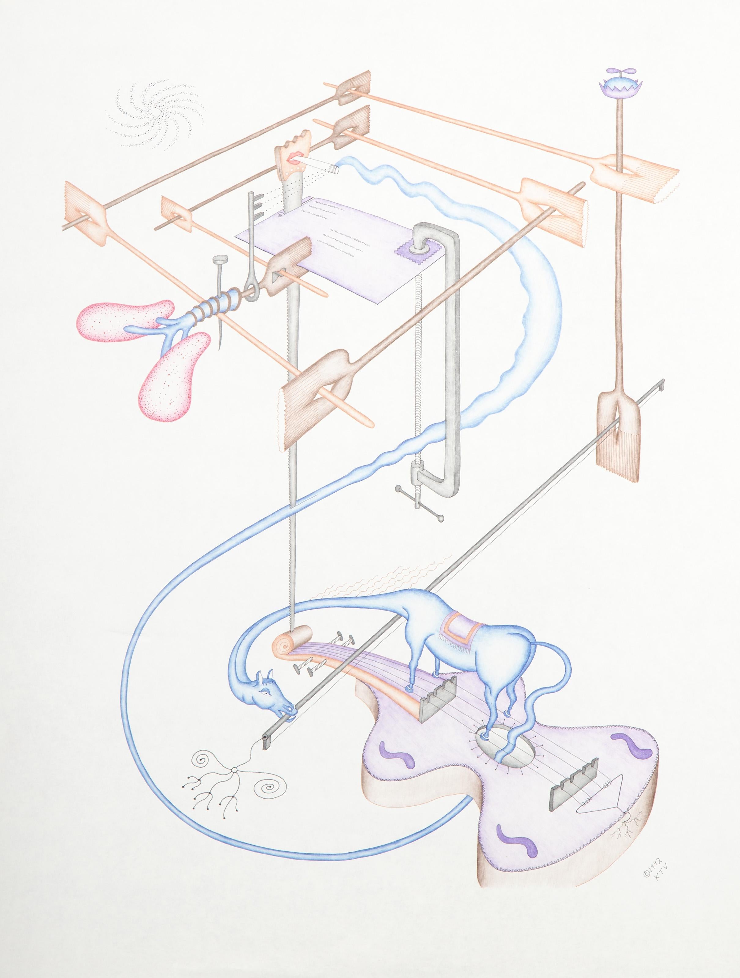 Kevin Varner, American (1954 - 2019) -  Spiraling Brooms with Musical Lizard (Horse Derivative). Year: 1993, Medium: Color Pencil and Ink on Paper, signed and dated lower left, Size: 30 x 22.25 in. (76.2 x 56.52 cm) 