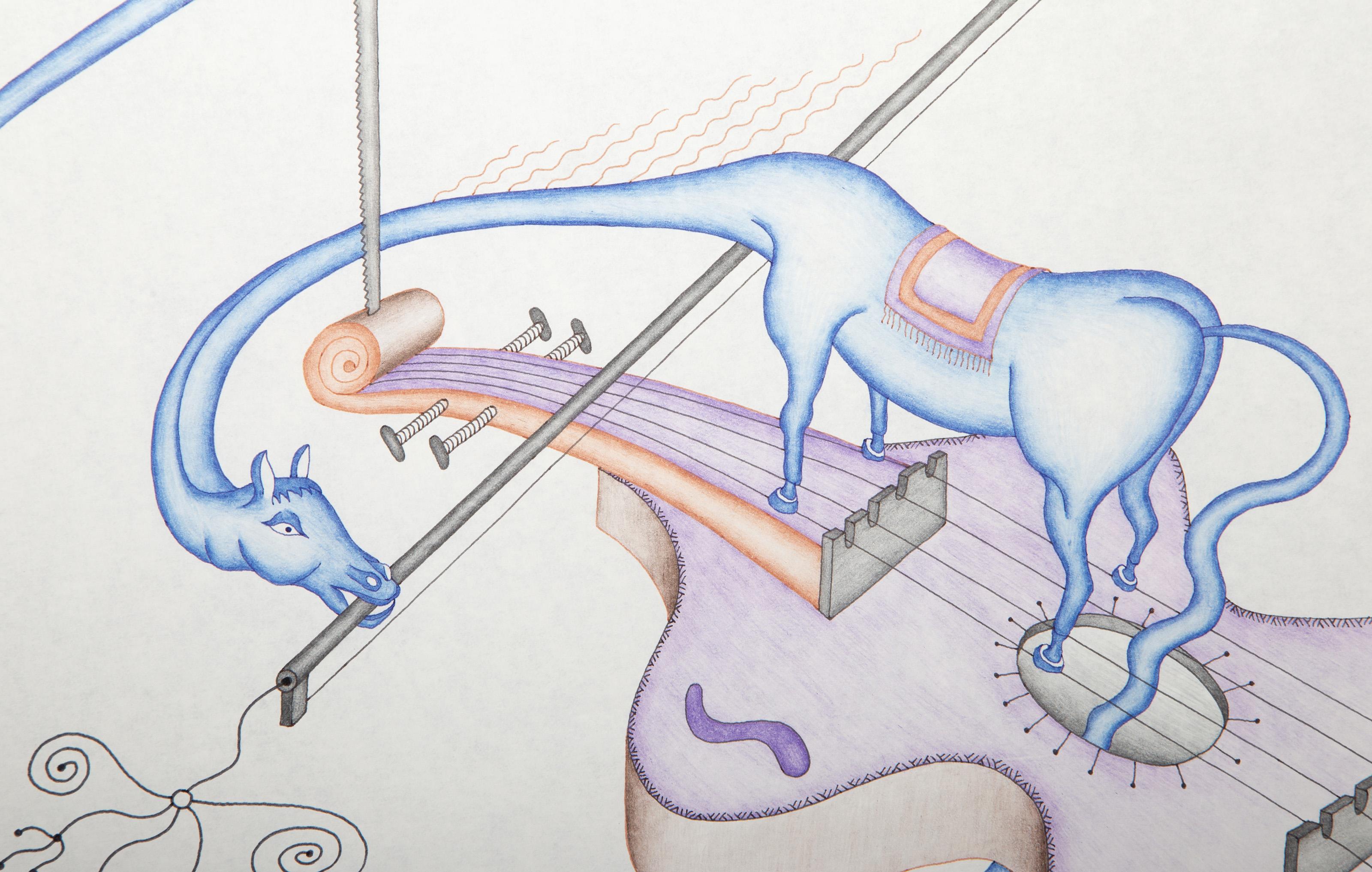 Spiraling Brooms with Musical Lizard (Horse Derivative), Drawing by Kevin Varner For Sale 2