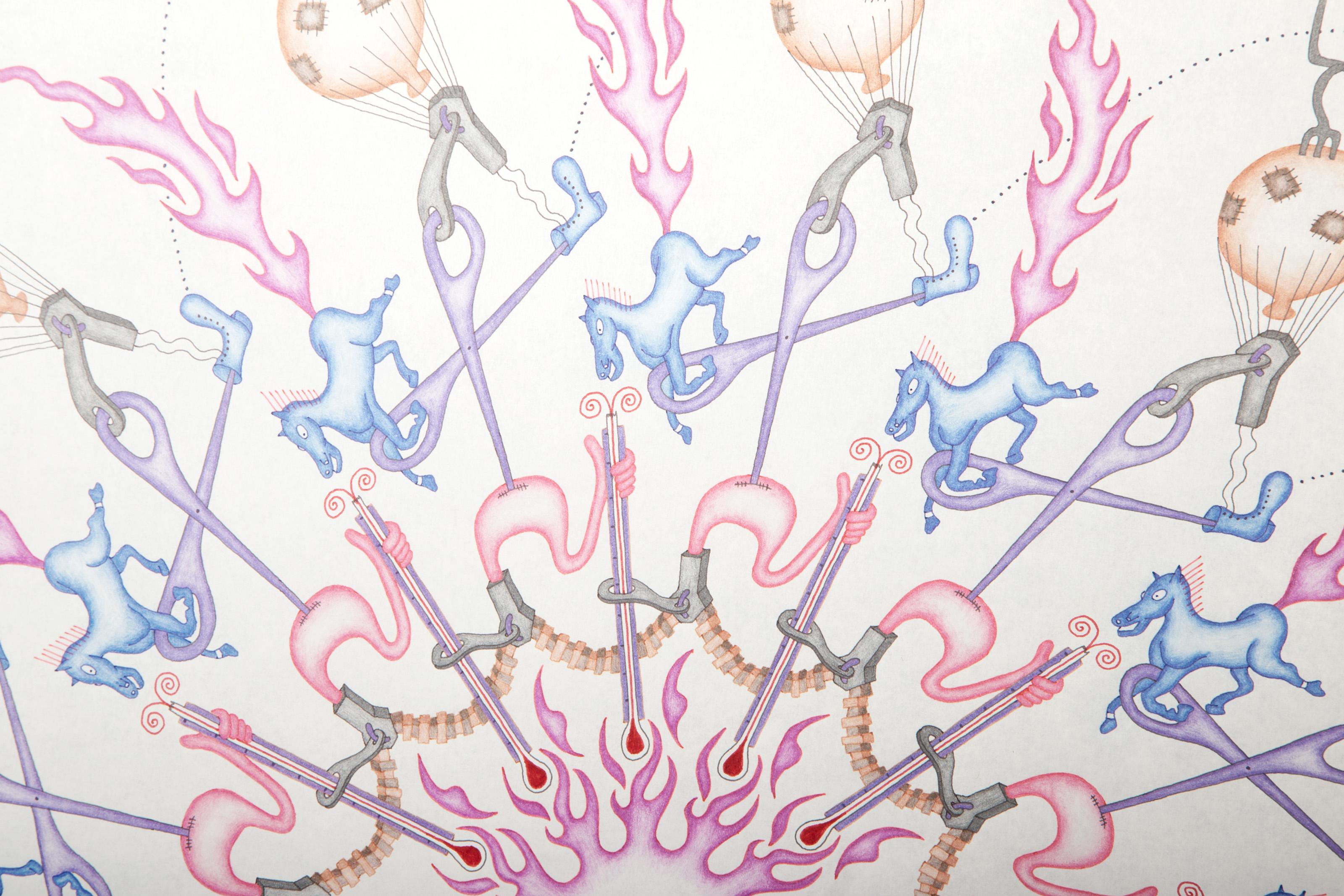 El centro de gravedad, dibujo surrealista a tinta y lápiz de Kevin Varner en venta 3