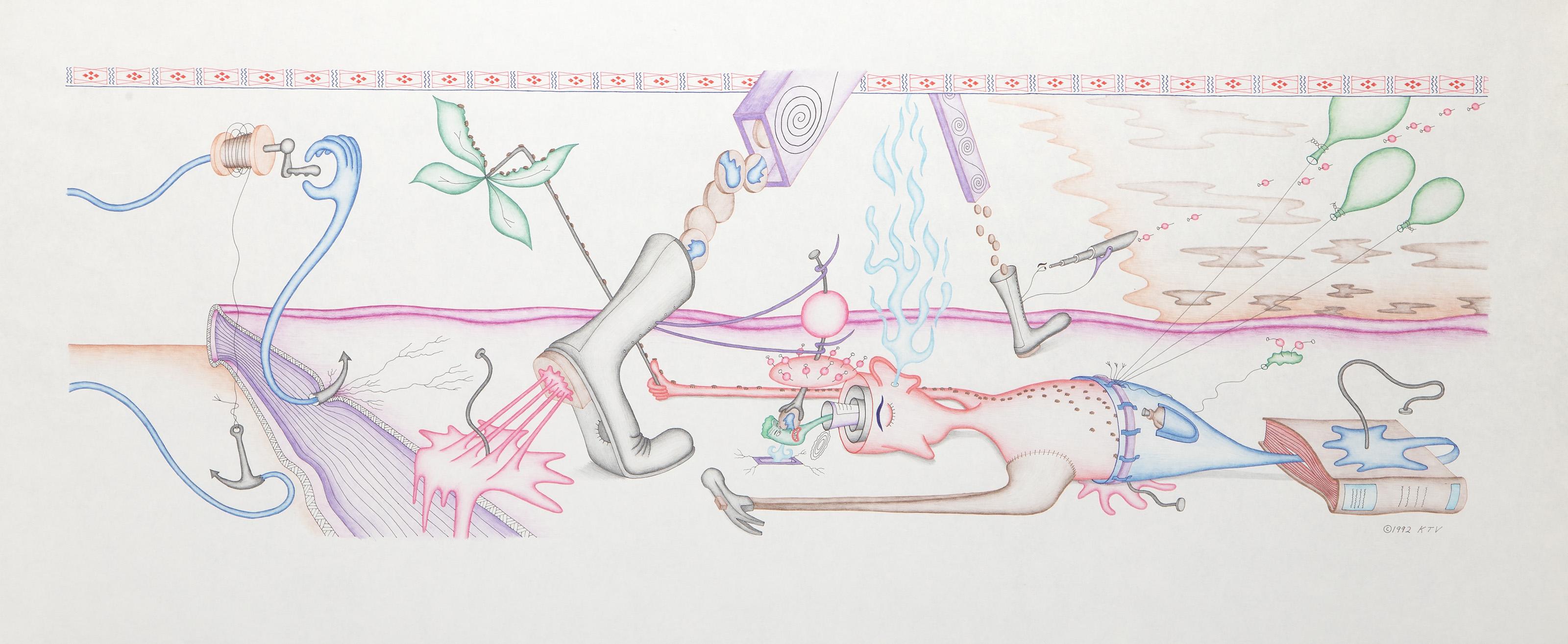Kevin Varner, American (1954 - 2019) -  The Inner Child at the Edge of Extinction. Year: 1992, Medium: Color Pencil and Ink on Paper, signed and dated lower left, Size: 18 x 40.25 in. (45.72 x 102.24 cm) 