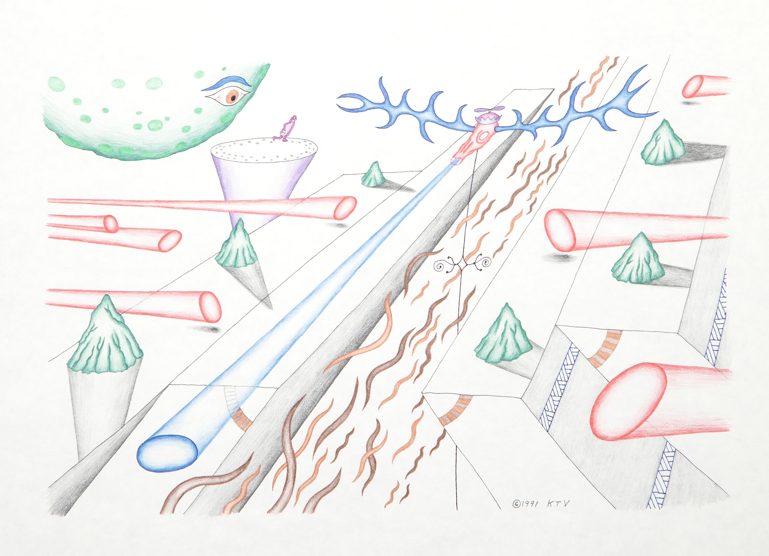 Kevin Varner, Américain (1954 - 2019) -  Intermède. Année : 1991, Médium : Crayon de couleur et encre sur papier, signé et daté, titré au verso, Taille de l'image : 12 x 18 pouces, Taille : 18 x 23.75 in. (45.72 x 60.33 cm) 