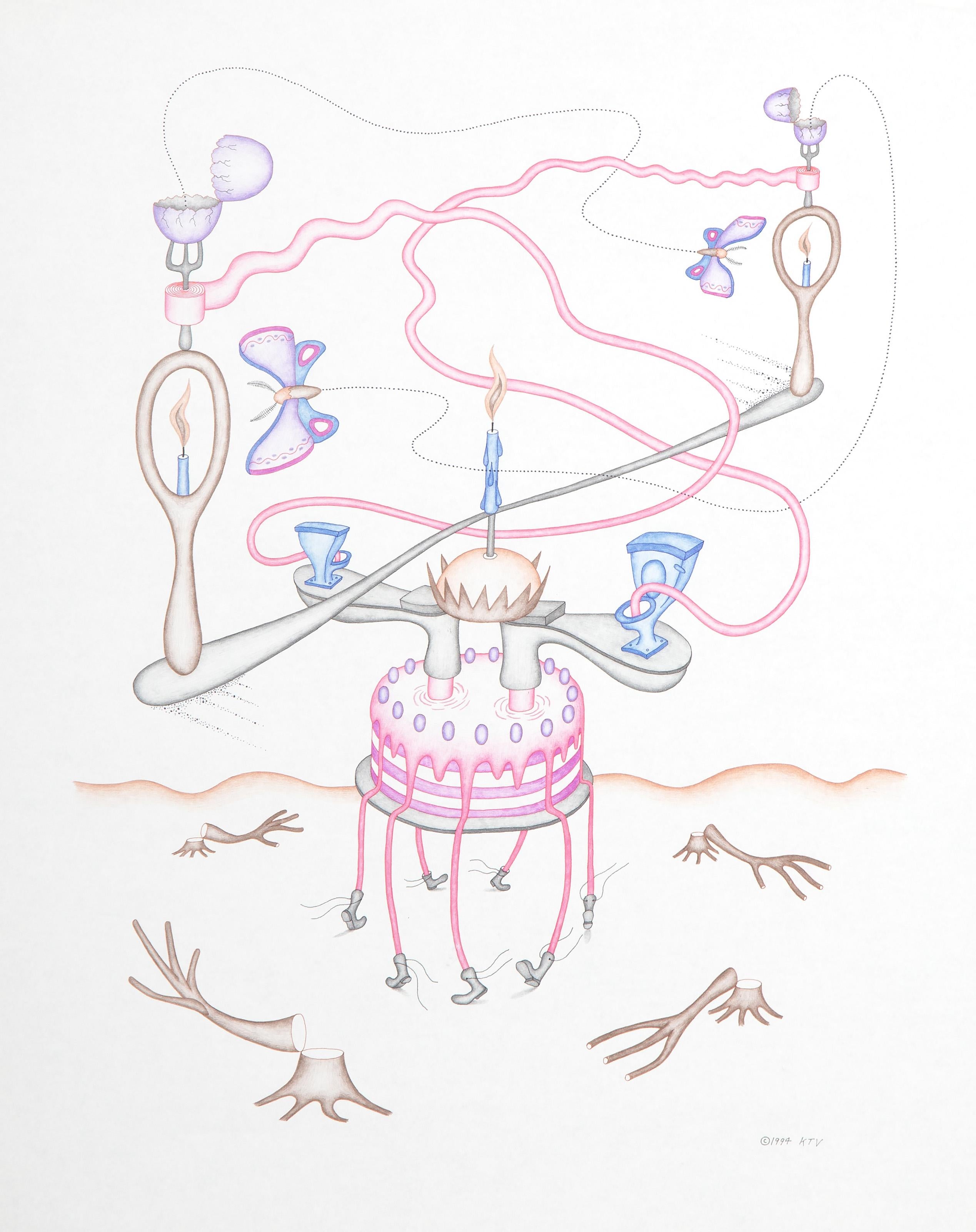 Kevin Varner, American (1954 - 2019) -  The Royo-Rooter Cake. Year: 1994, Medium: Color Pencil and Ink on Paper, signed and dated lower left, Size: 28.5 x 21.75 in. (72.39 x 55.25 cm) 