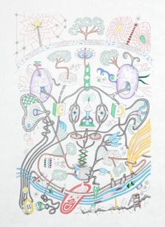 M. Space Head Lands in The Woods, crayon de couleur et encre sur papier de Kevin Varner