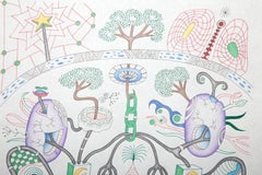 Mr. Space Head Lands in The Woods, Color Pencil and Ink on Paper by Kevin Varner