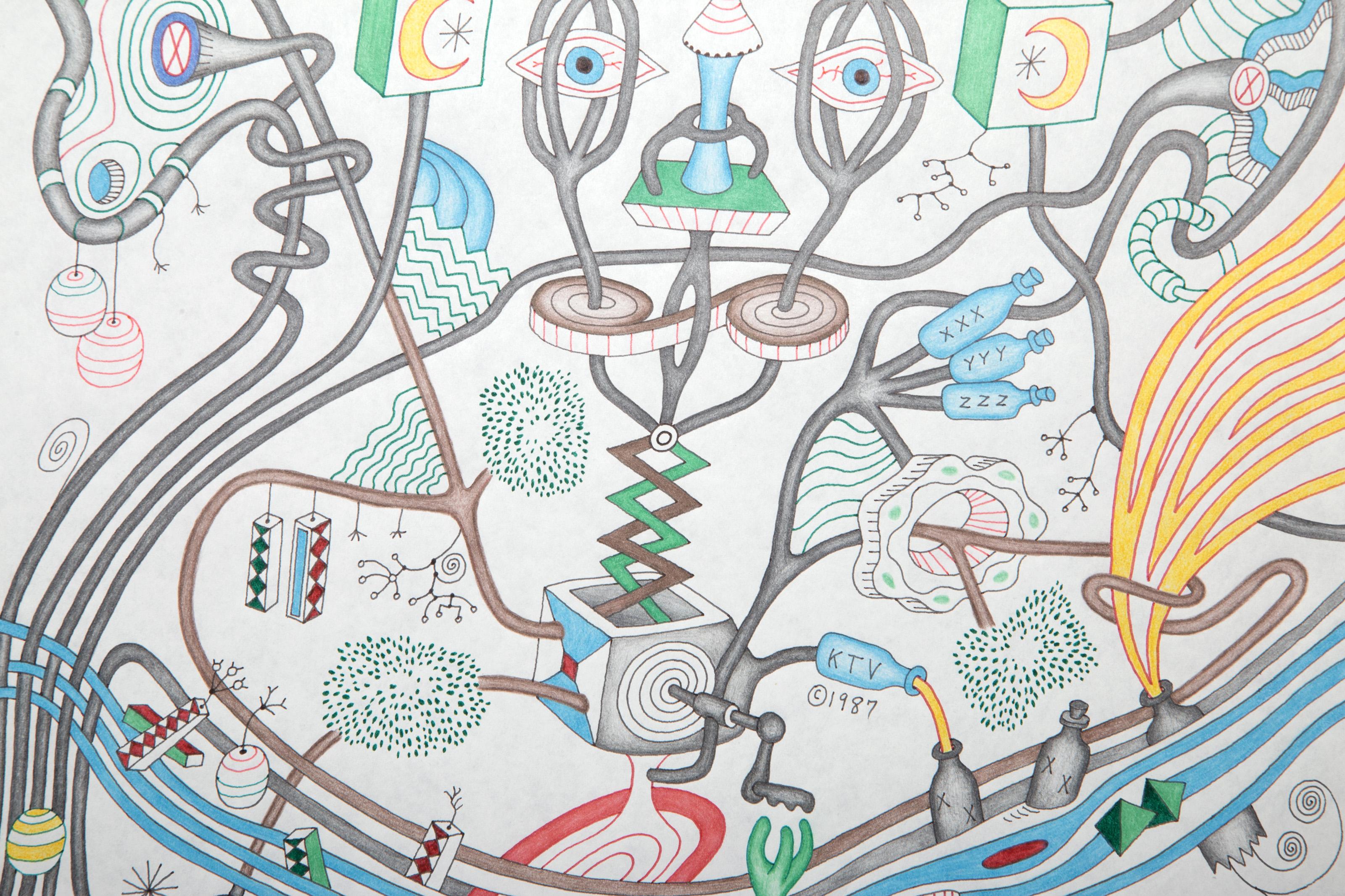 Mr. Space Head atterra nel Wood, matita colorata e inchiostro su carta di Kevin Varner in vendita 2
