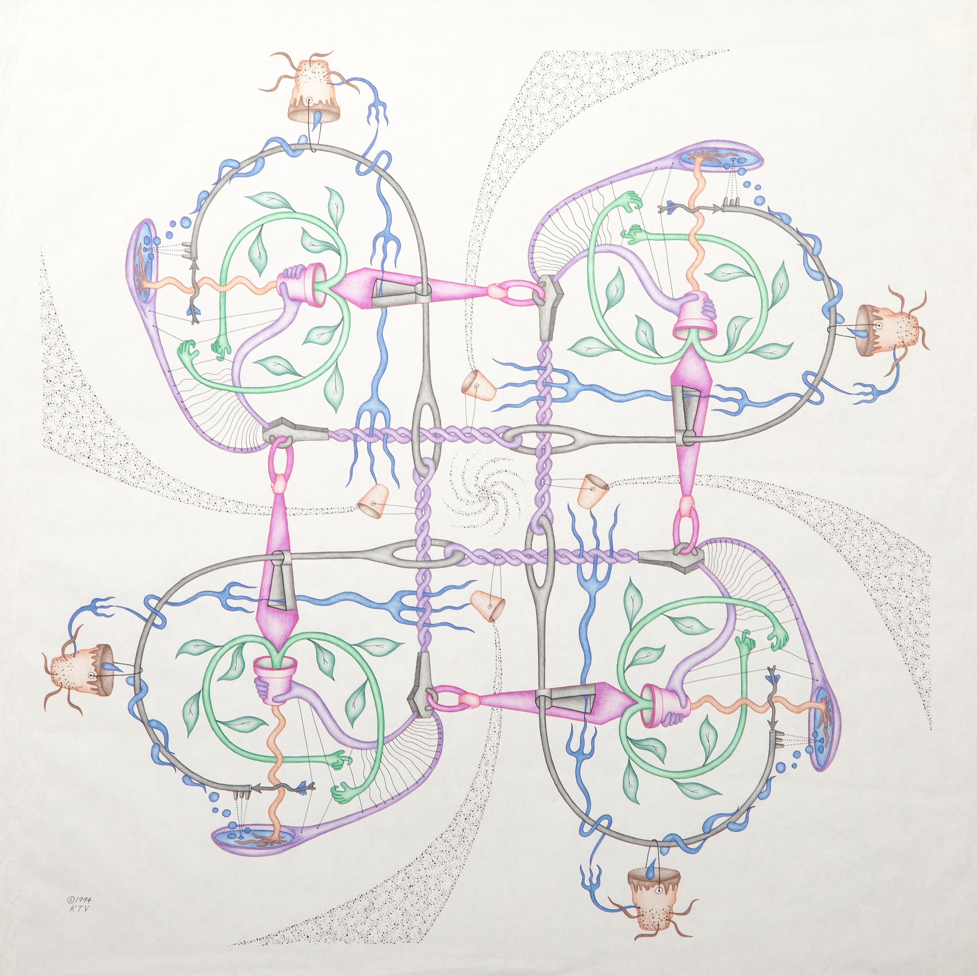 Kevin Varner, American (1954 - 2019) -  Harmonic Convergence. Year: 1994, Medium: Color Pencil and Ink on Paper, signed and dated lower left, Size: 28 x 28 in. (71.12 x 71.12 cm) 