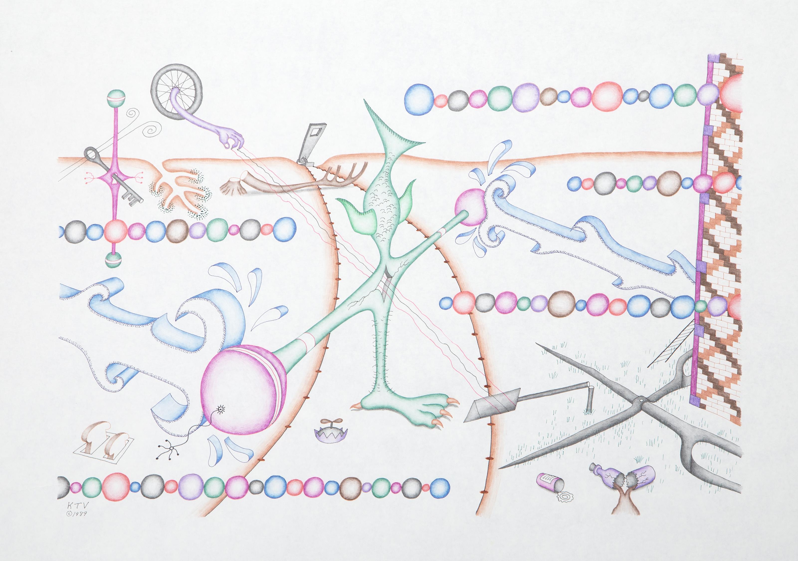 Kevin Varner, Amerikaner (1954 - 2019) -  Versteinerter Schlamm-Supercollider. Jahr: 1989, Medium: Farbstift und Tinte auf Papier, signiert und datiert, verso betitelt, Bildgröße: 12 x 18 Zoll, Größe: 18 x 24 Zoll (45,72 x 60,96 cm) 