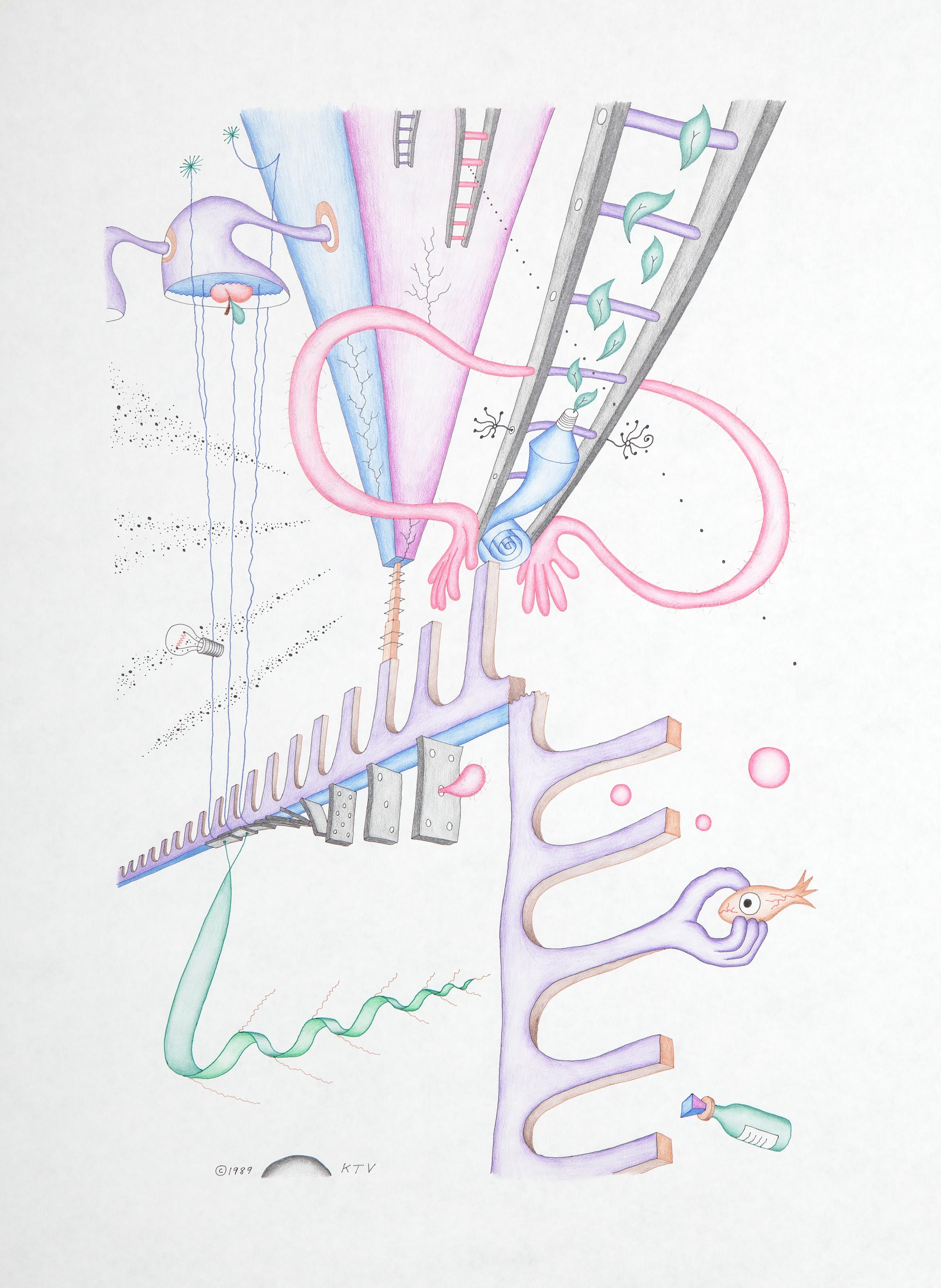Kevin Varner, Américain (1954 - 2019) -  Influence de l'énergie pyramidale sur les bactéries géantes. Année : 1991, Médium : Crayon de couleur et encre sur papier, signé et daté en bas à gauche, Format : 24 x 18 in. (60.96 x 45.72 cm) 