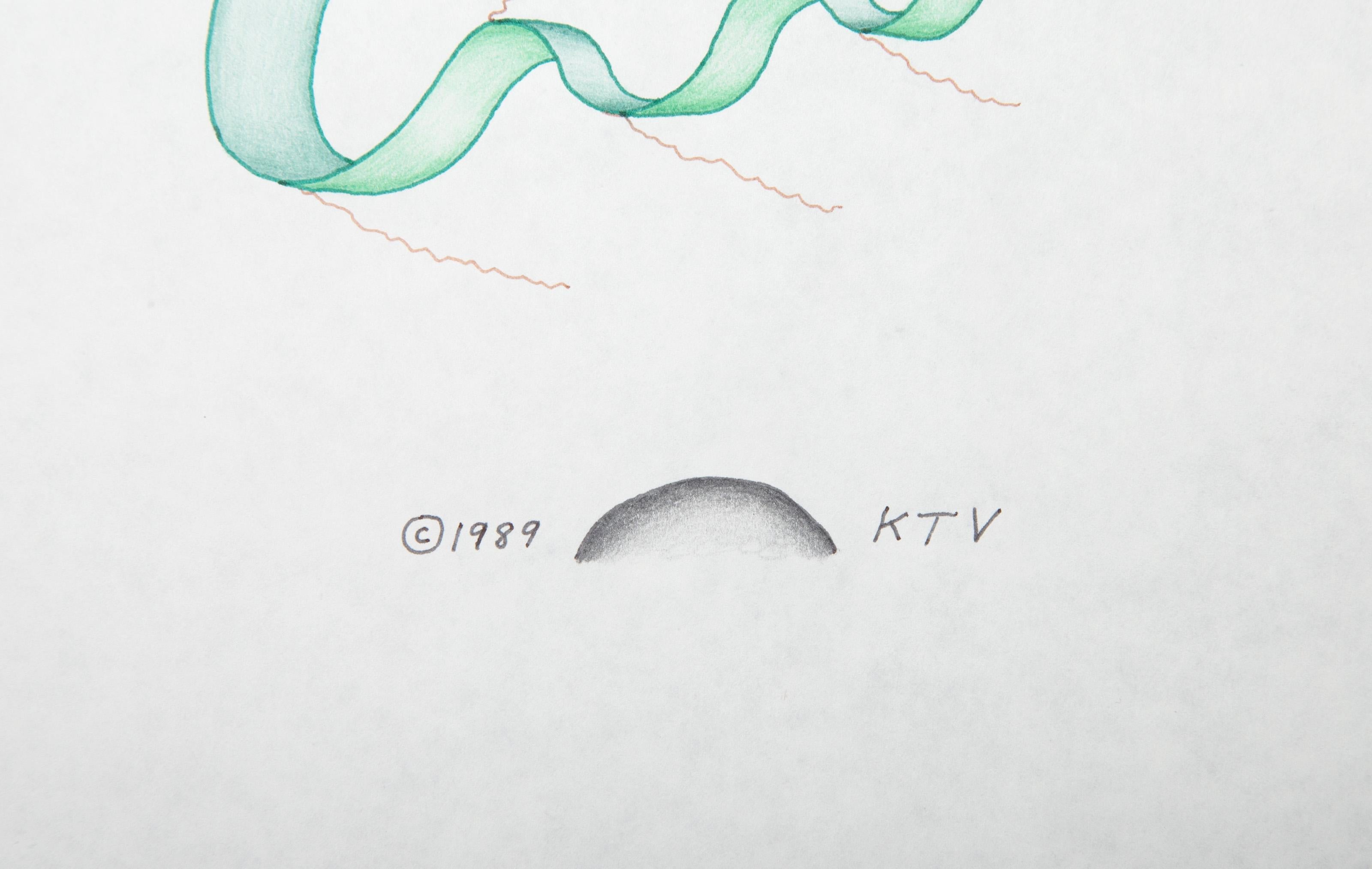 Kevin Varner, Americano (1954 - 2019) -  Influenza dell'energia piramidale sui batteri giganti. Anno: 1991, Medium: Matita a colori e inchiostro su carta, firmato e datato in basso a sinistra, Dimensioni: 24 x 18 pollici (60,96 x 45,72 cm) 