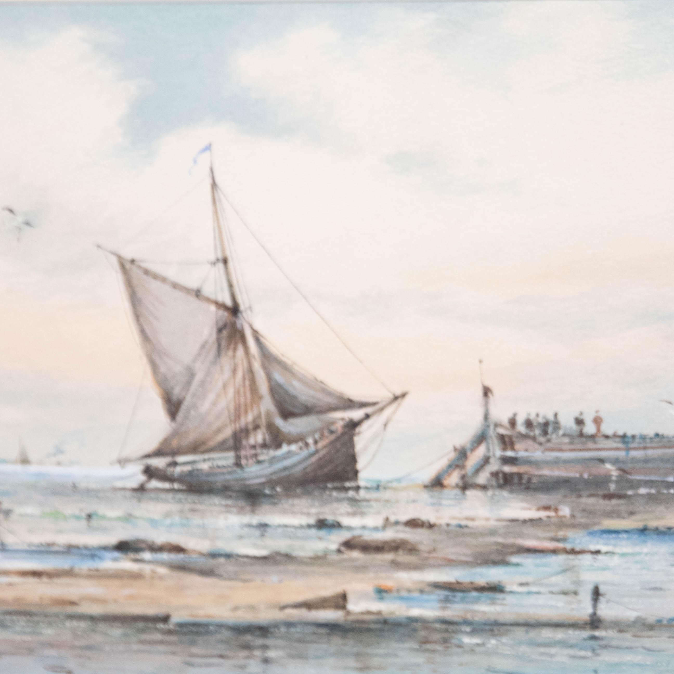 Framed Late 19th Century Watercolour - Off Gorleston Pier Head For Sale 1