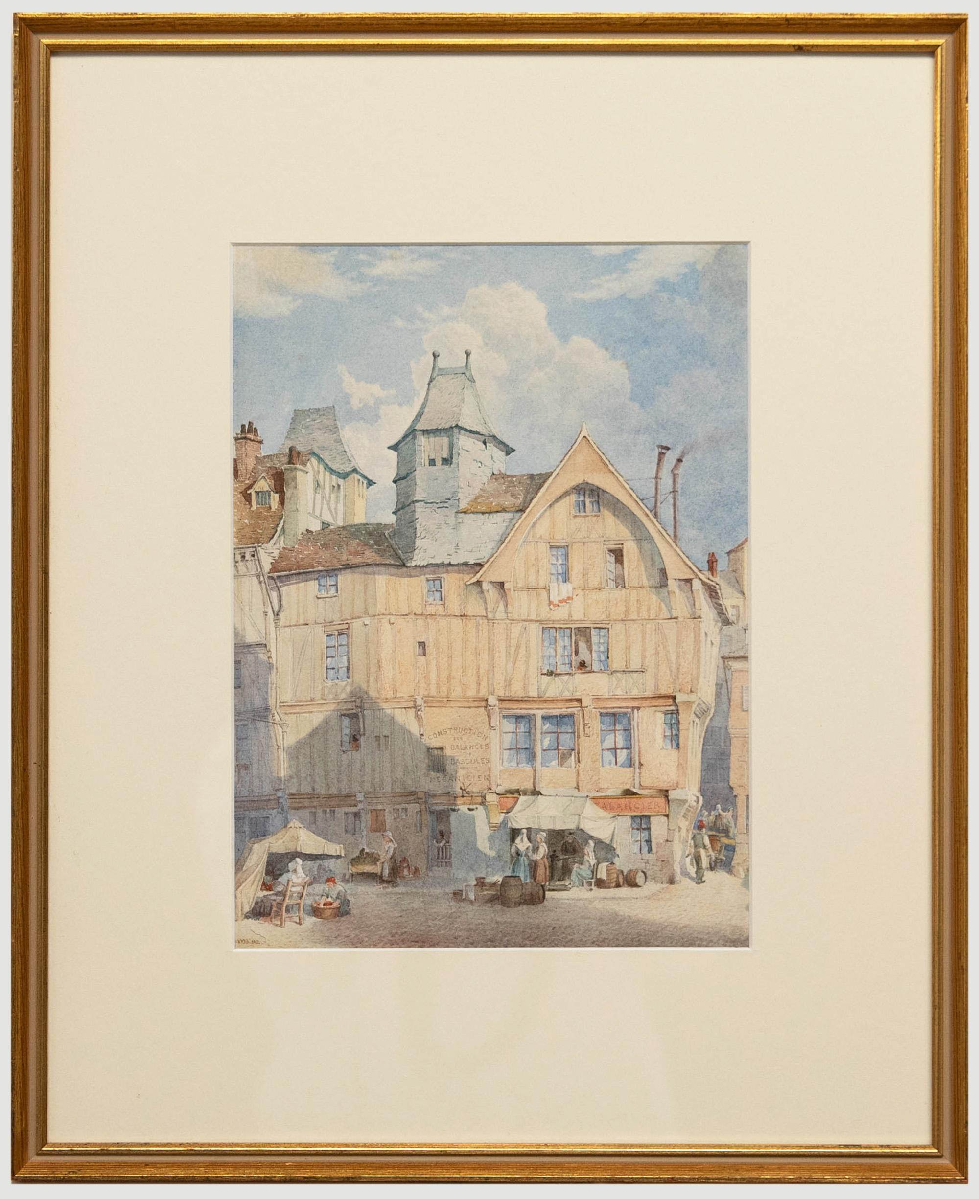 Unknown Landscape Art - French Late 19th Century Watercolour - Ambient Street with Figures