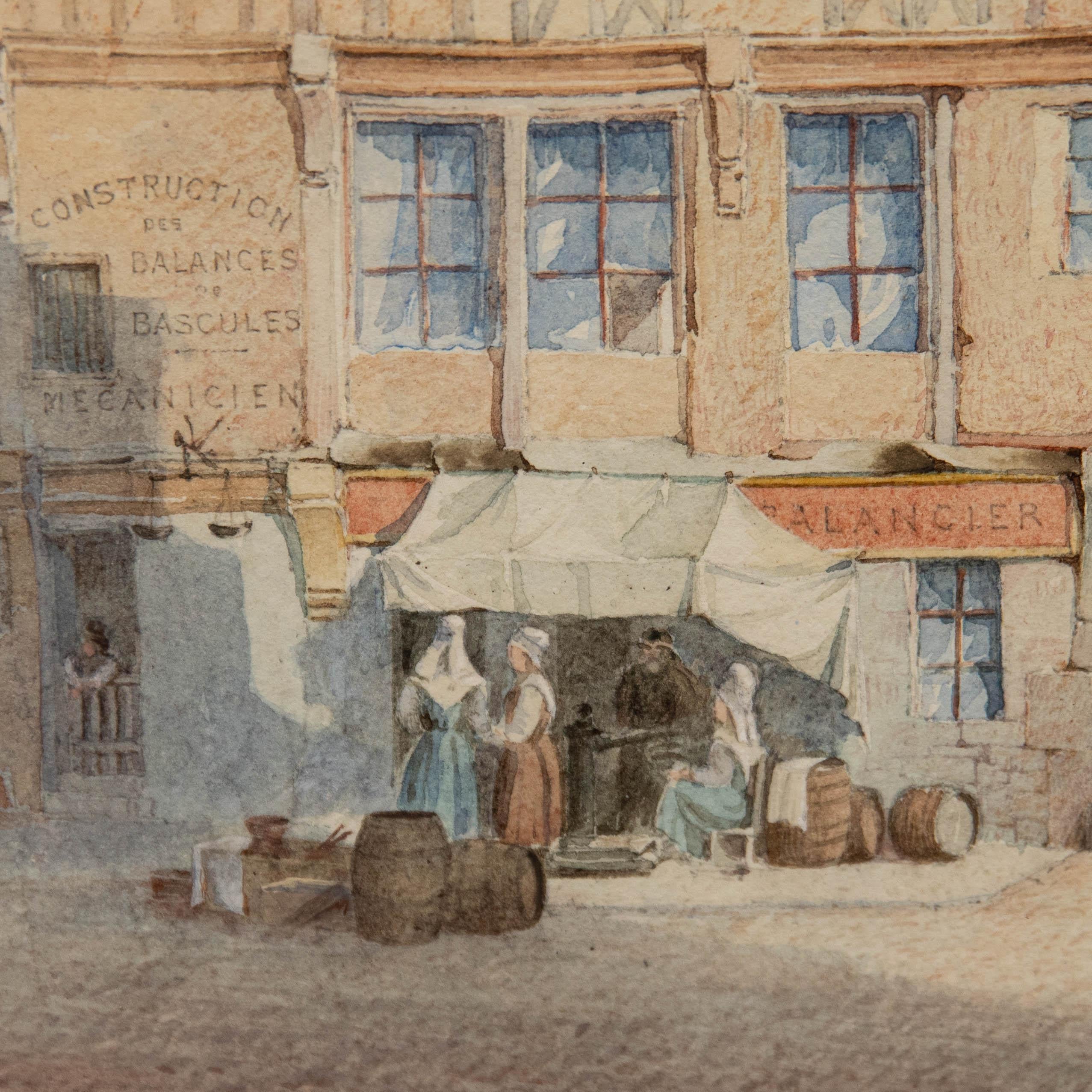 French Late 19th Century Watercolour - Ambient Street with Figures For Sale 1