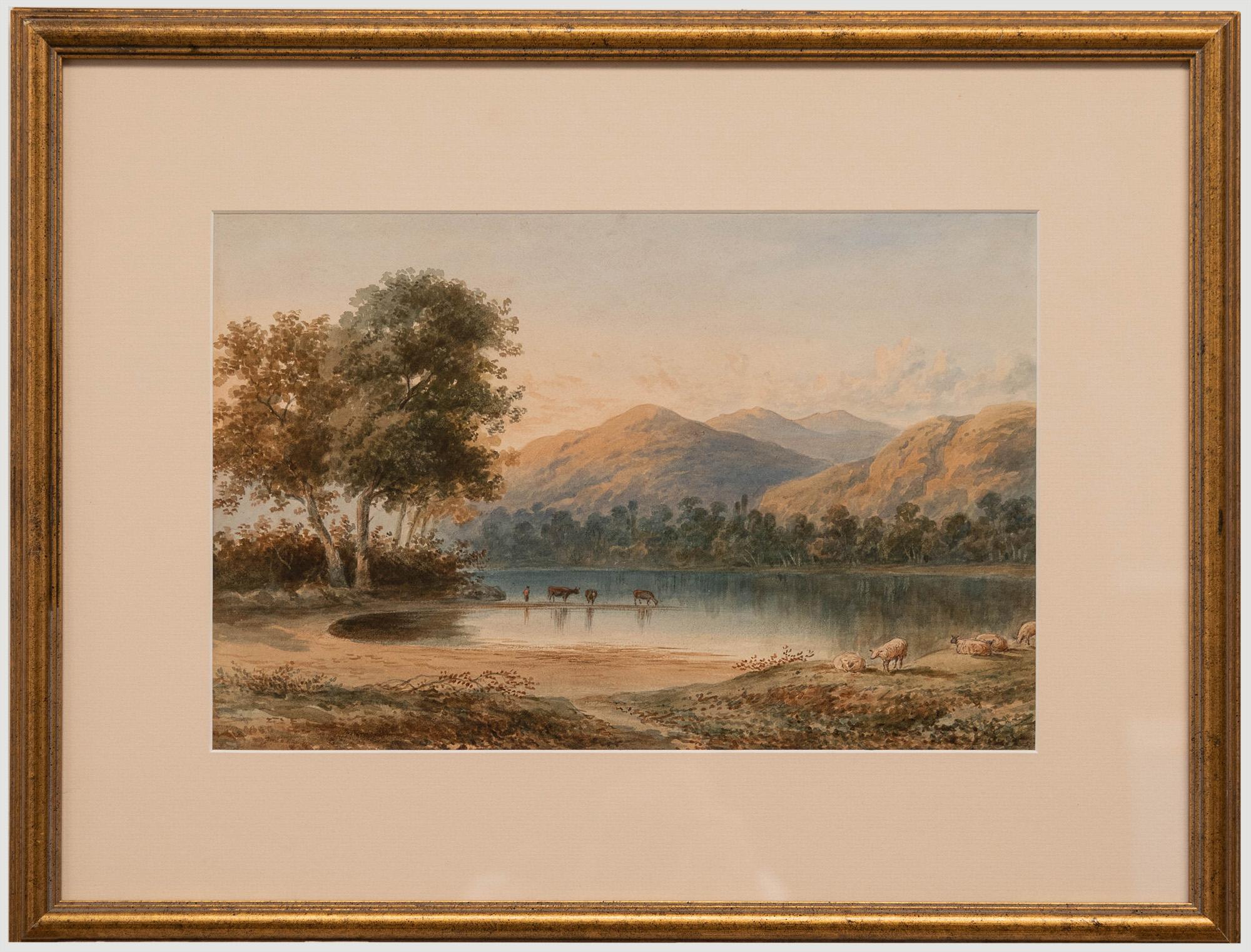 Unknown Landscape Art - English School 19th Century Watercolour - Cattle Watering by a Loch