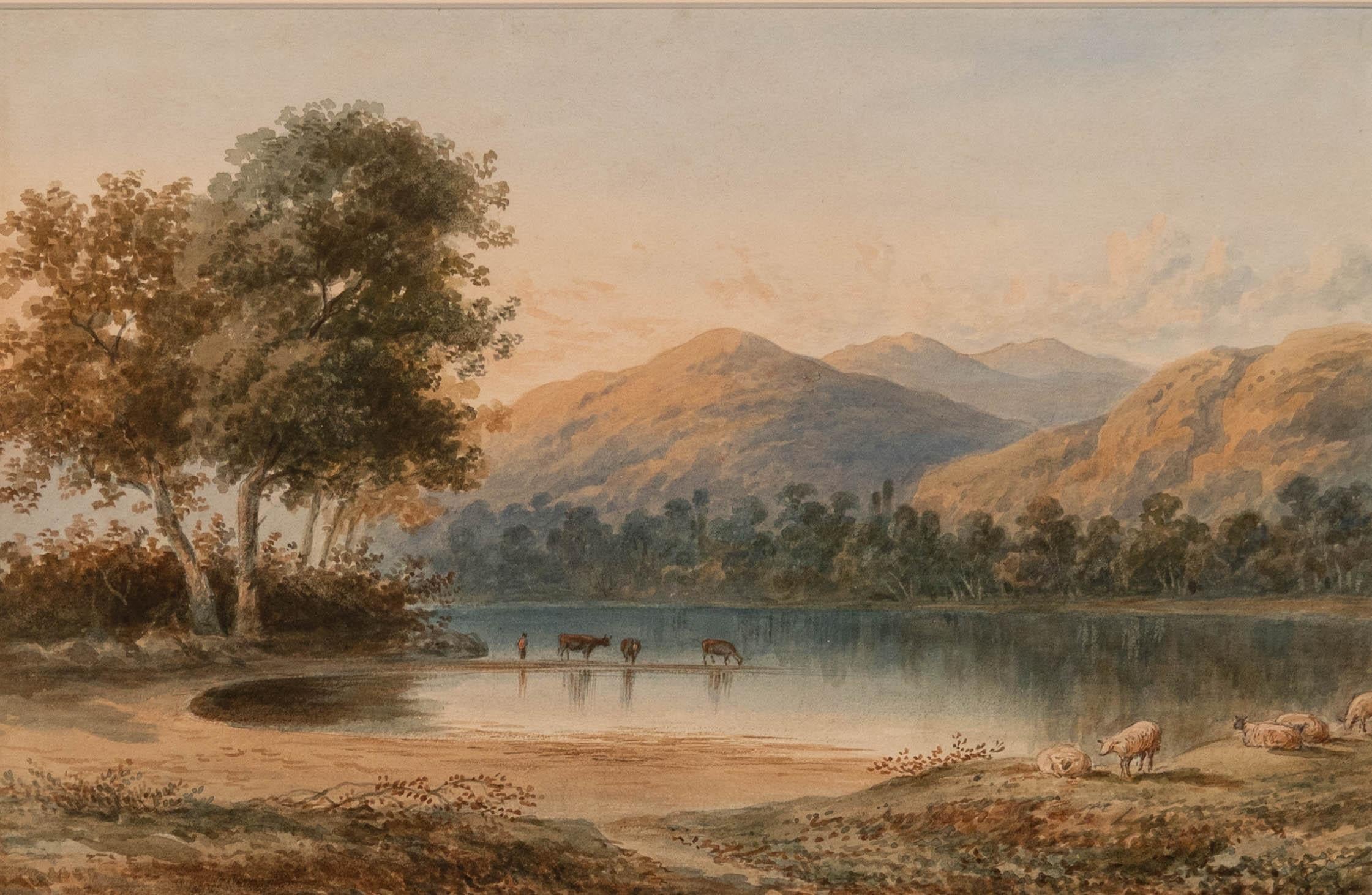English School 19th Century Watercolour - Cattle Watering by a Loch - Art by Unknown