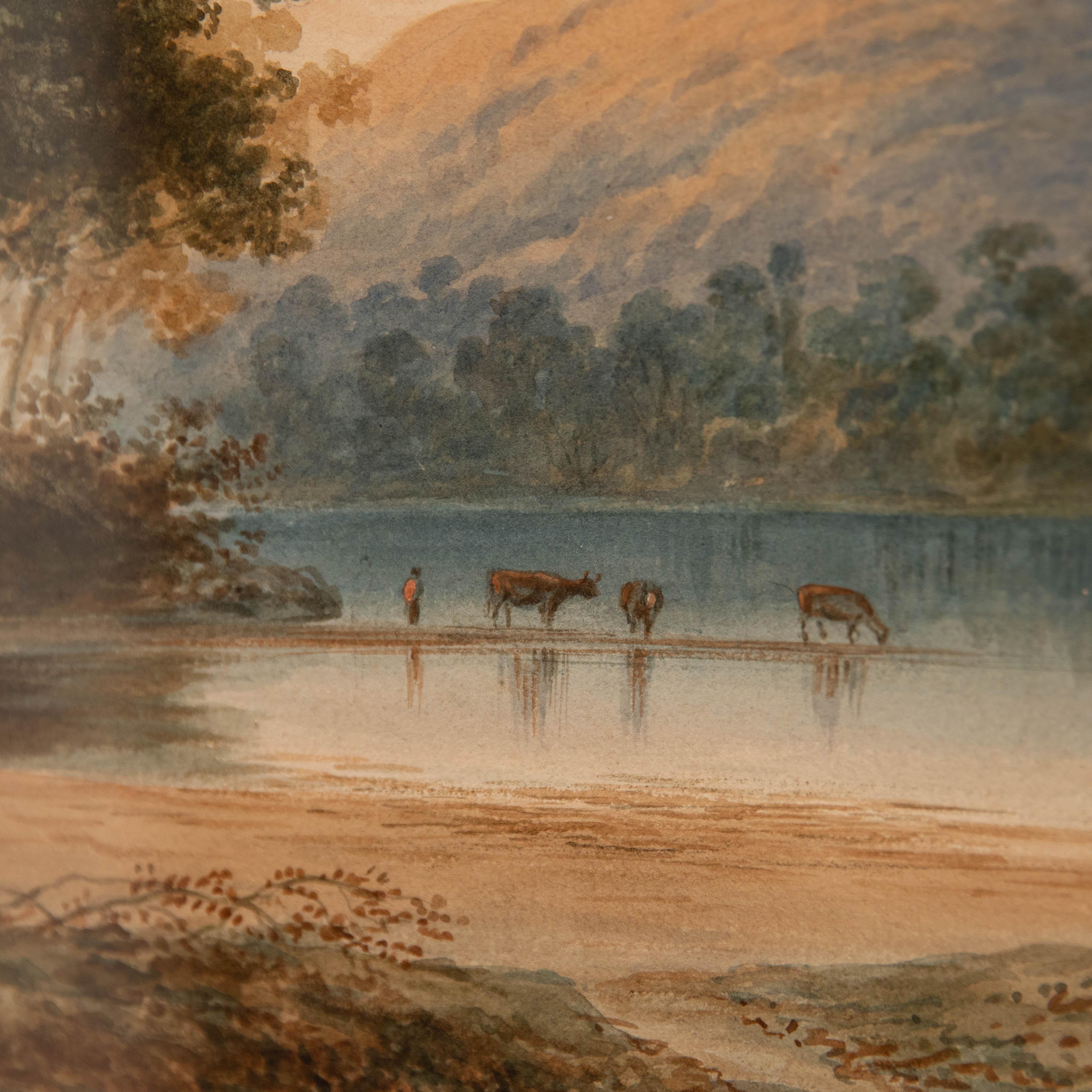 English School 19th Century Watercolour - Cattle Watering by a Loch For Sale 1