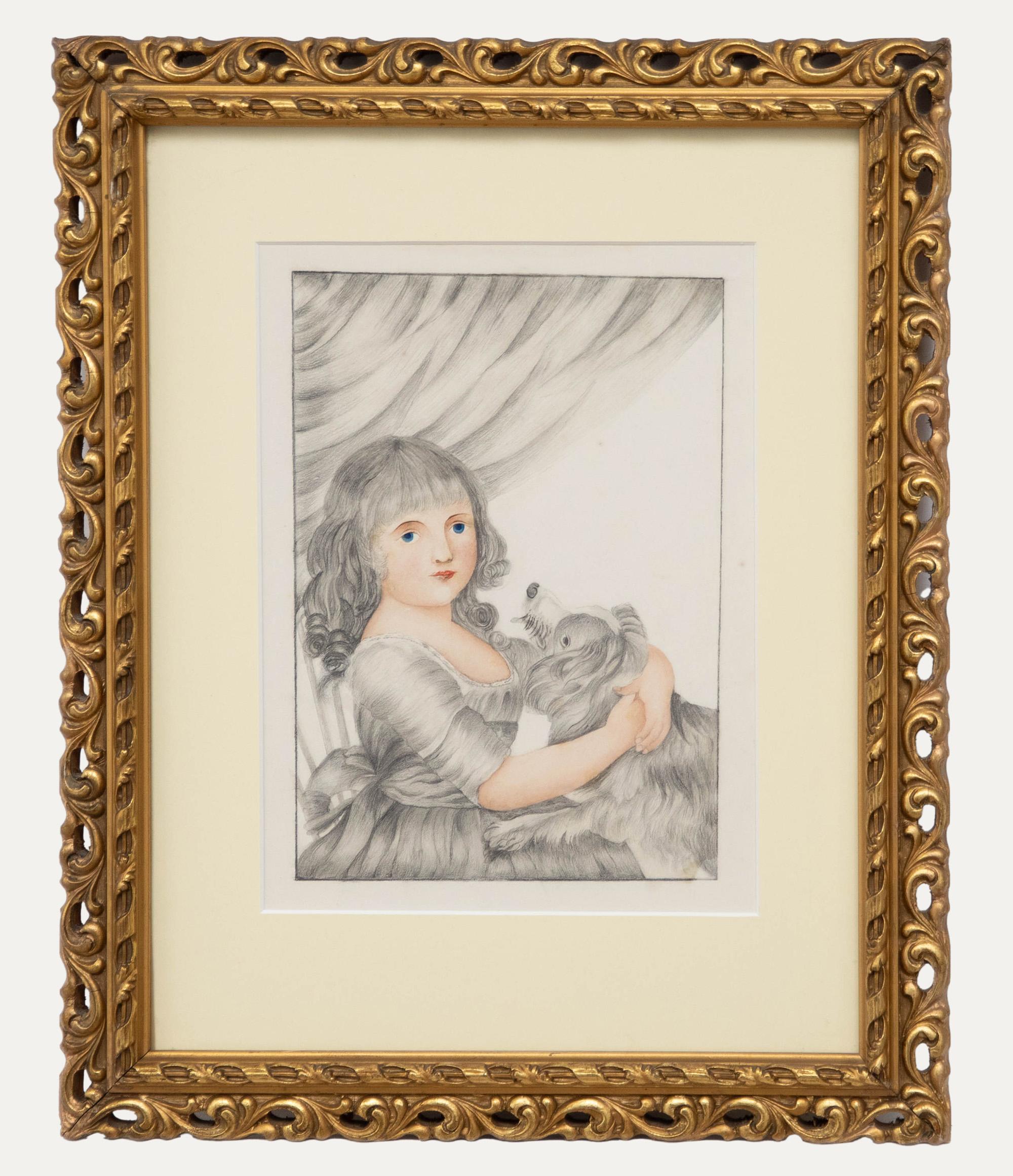 Georgian c.1826 Graphite Drawing - Portrait of a Young Girl with Dog - Art by Unknown