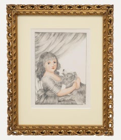Antique Georgian c.1826 Graphite Drawing - Portrait of a Young Girl with Dog
