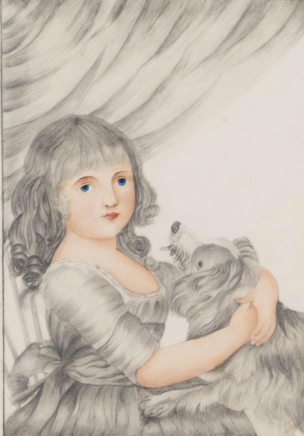 Acquired as a pair, this fine graphite drawing depicts a young Georgian girl petting a dog. Highlighted in watercolour on watermarked 'watman paper,1826'. The drawing has been well presented in a decorative gilt-effect frame with pierced detailing.