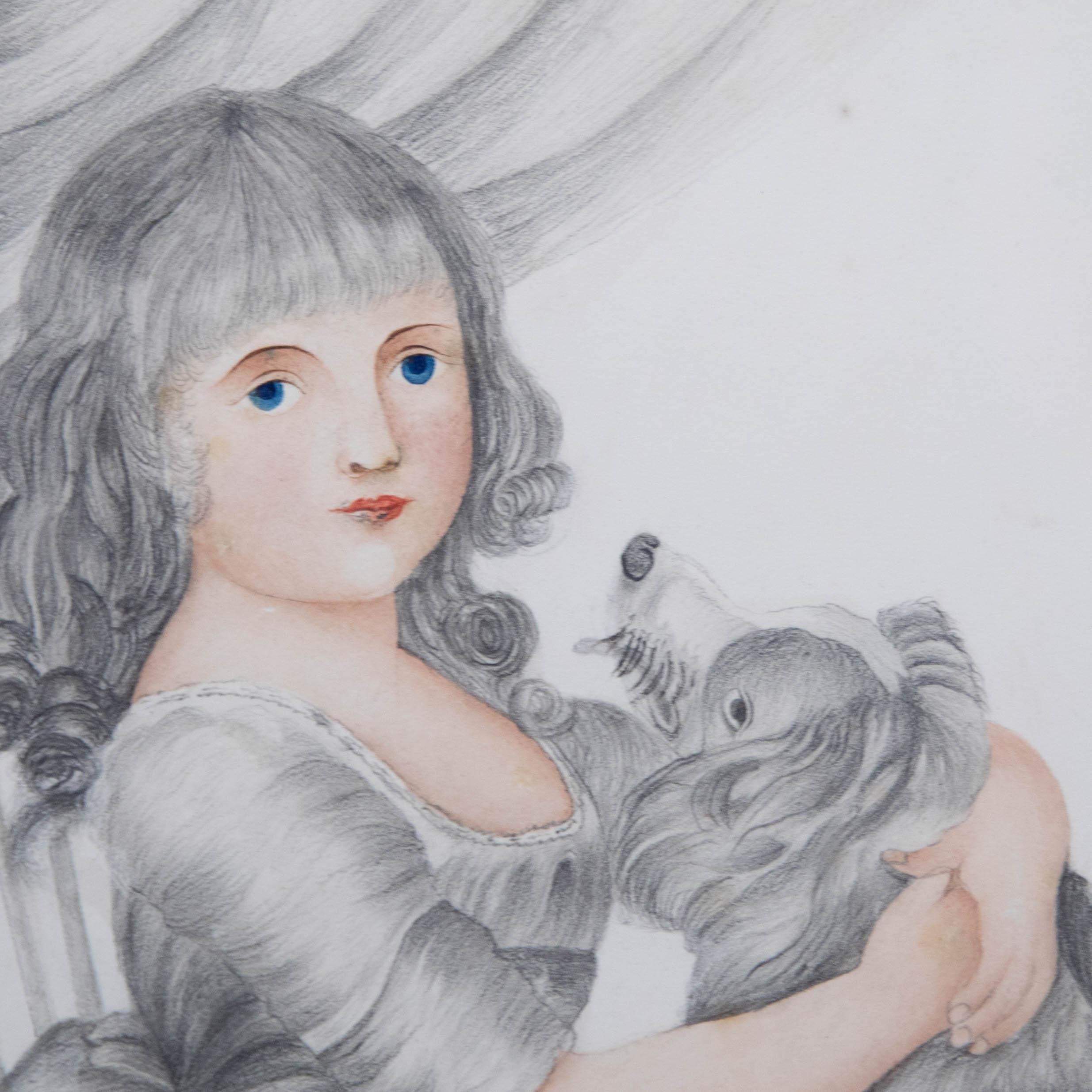 Georgian c.1826 Graphite Drawing - Portrait of a Young Girl with Dog For Sale 2