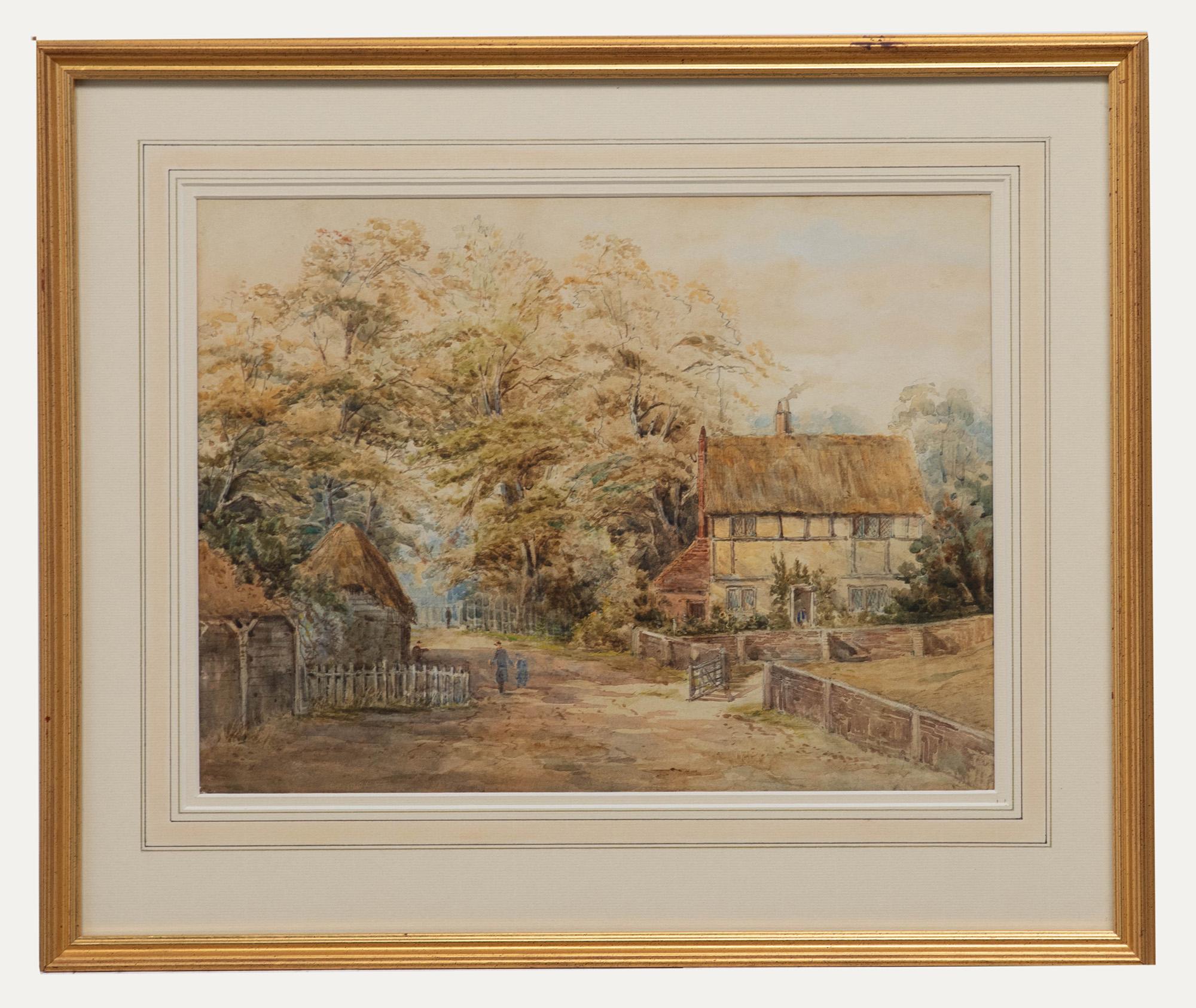 Unknown Landscape Art - Framed 19th Century Watercolour - Village Scene with Thatched Cottage