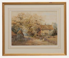Antique Framed 19th Century Watercolour - Village Scene with Thatched Cottage