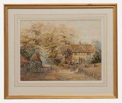 Aquarelle du 19e siècle encadrée - Scène de village avec chalet caché