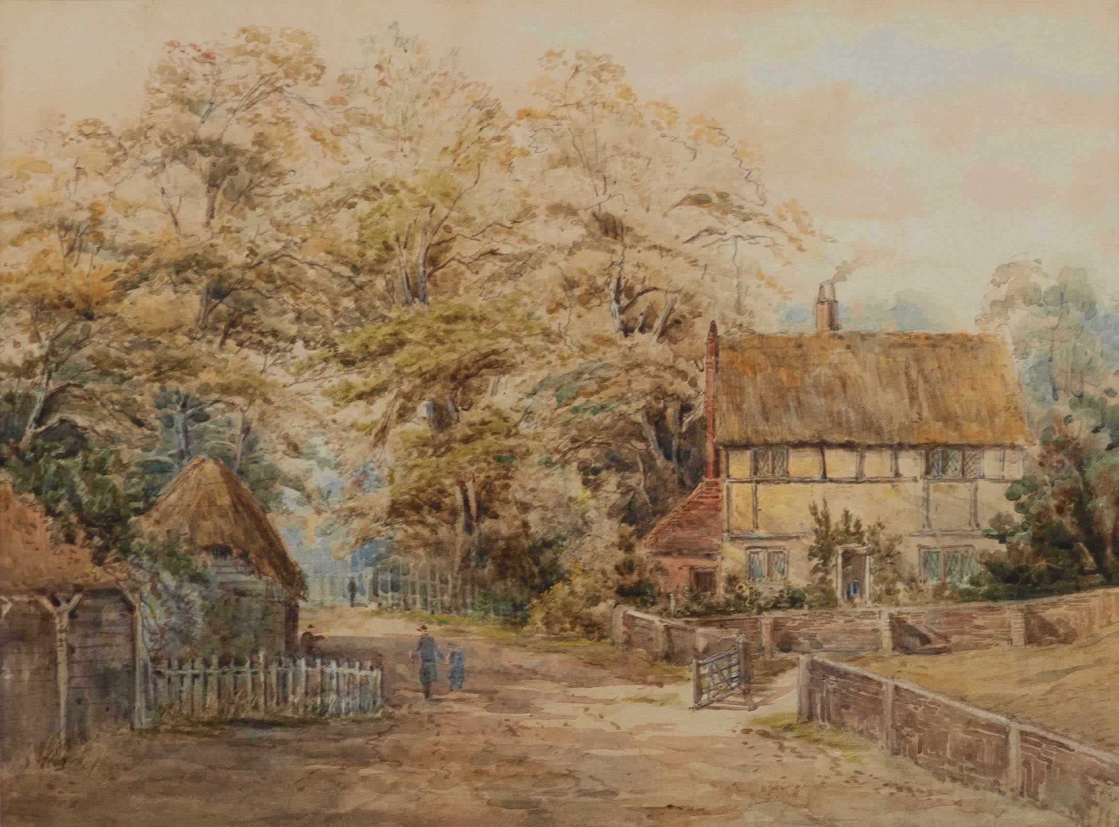 Framed 19th Century Watercolour - Village Scene with Thatched Cottage - Art by Unknown