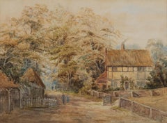 Framed 19th Century Watercolour - Village Scene with Thatched Cottage