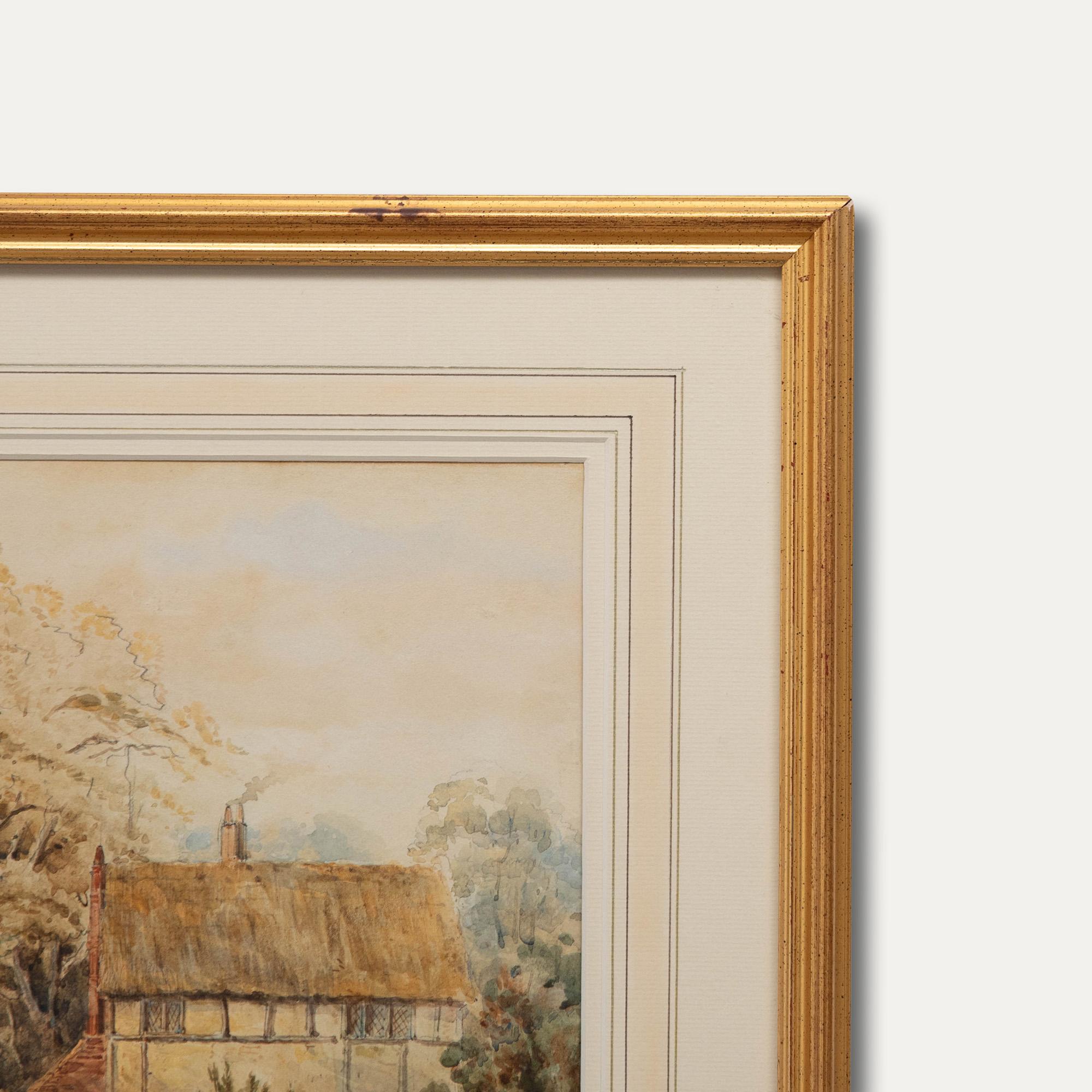 Framed 19th Century Watercolour - Village Scene with Thatched Cottage For Sale 2