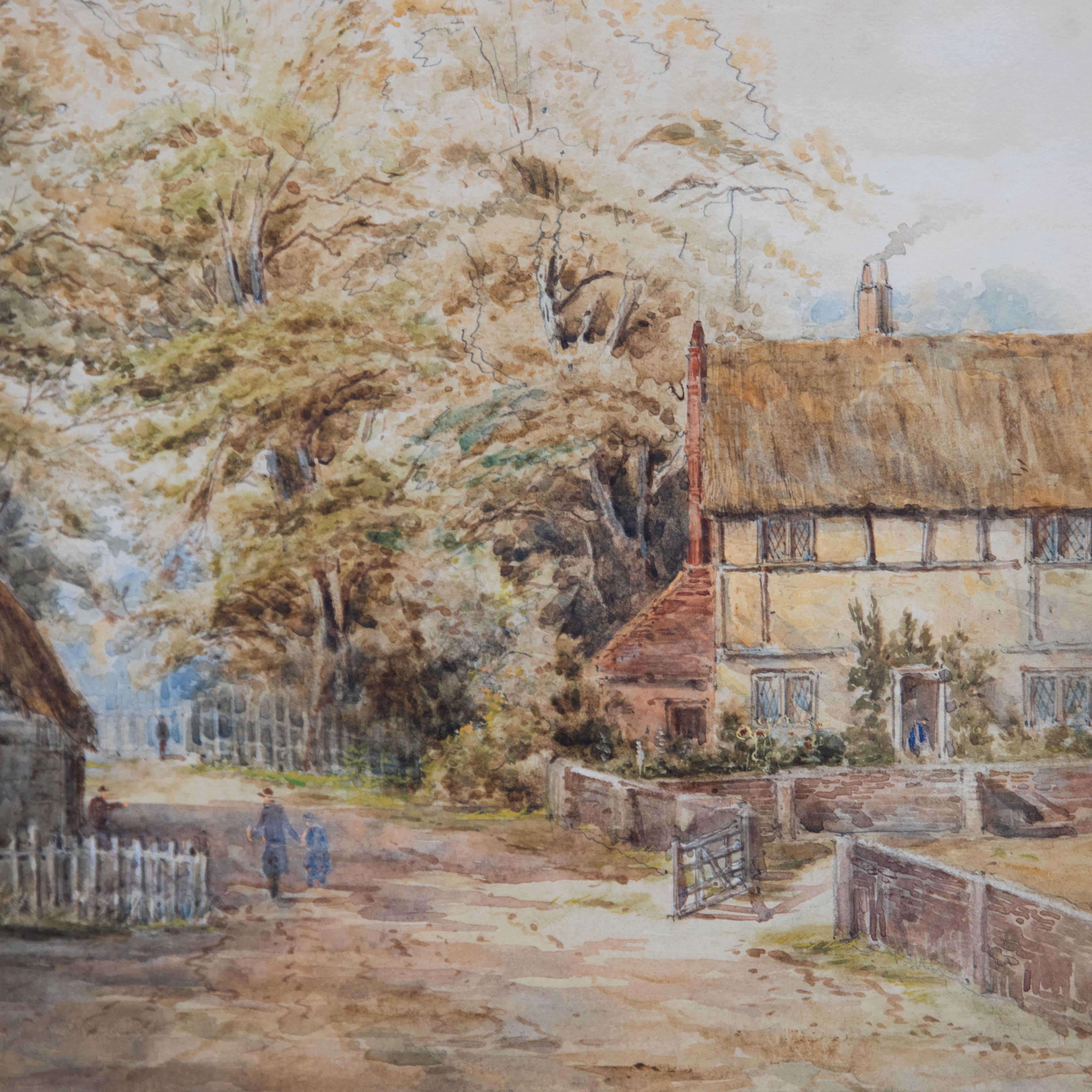 Framed 19th Century Watercolour - Village Scene with Thatched Cottage For Sale 1