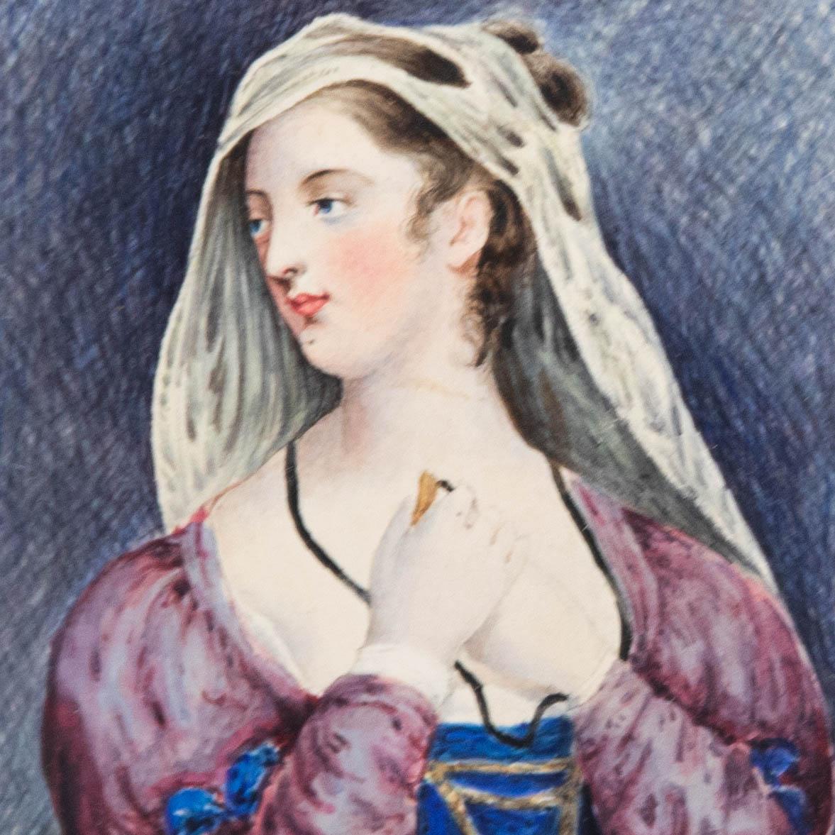 Un raffinato ritratto in miniatura ad acquerello che raffigura la bella fanciulla Elena di Troia. Montato in una bella cornice di impiallacciatura con vetri. Sulla carta. 