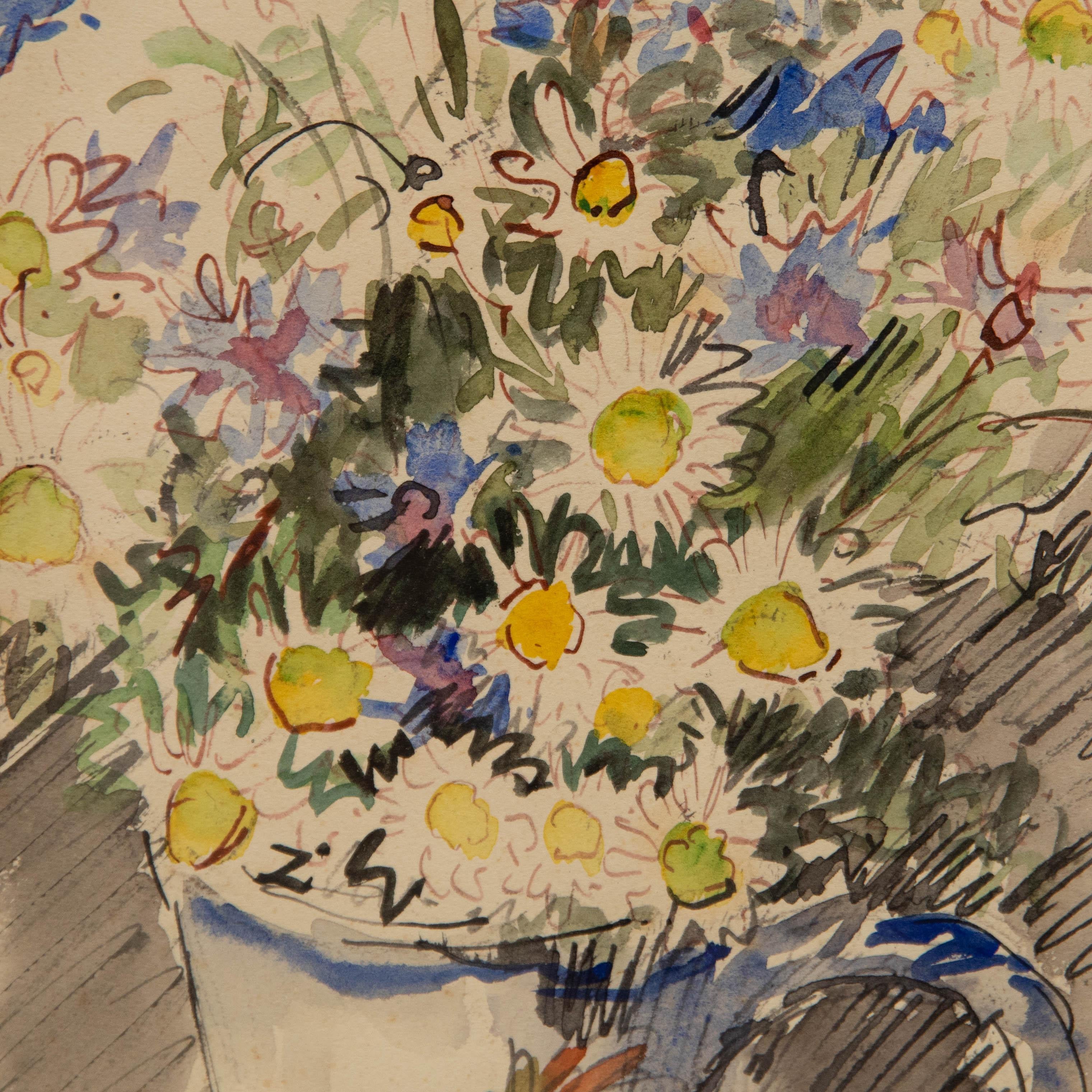 Blumenstillleben in Aquarellfarben. Unleserlich rechts unten signiert. Präsentiert in einem aufwendigen Rahmen in Goldoptik mit Lammzunge und blattförmigen Mustern. Auf dem Papier.