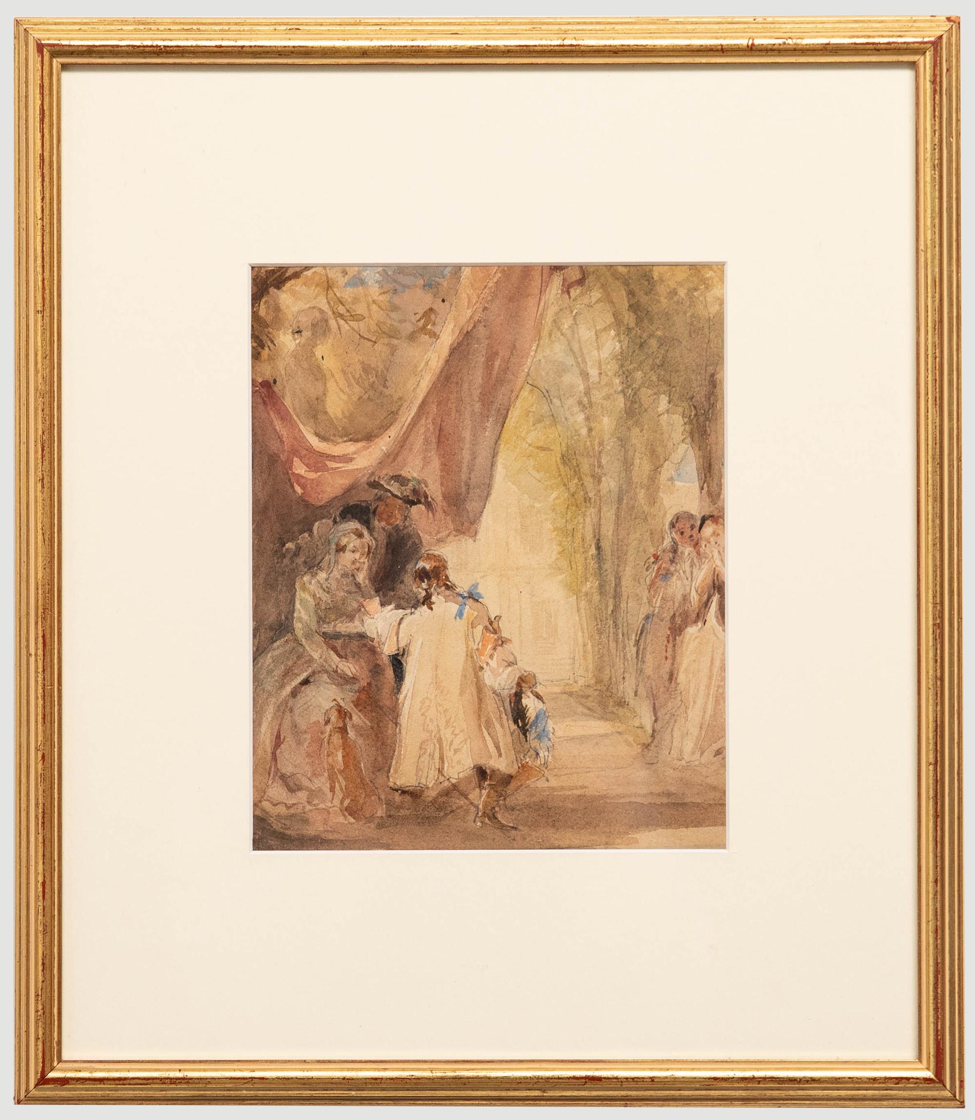 This charming genre scene depicts the arrival of an eagerly anticipated guest to the royal gardens. The owners of this grand residence can be seen greeting the flamboyant individual under an avenue of trees. Unsigned. Beautifully presented in a
