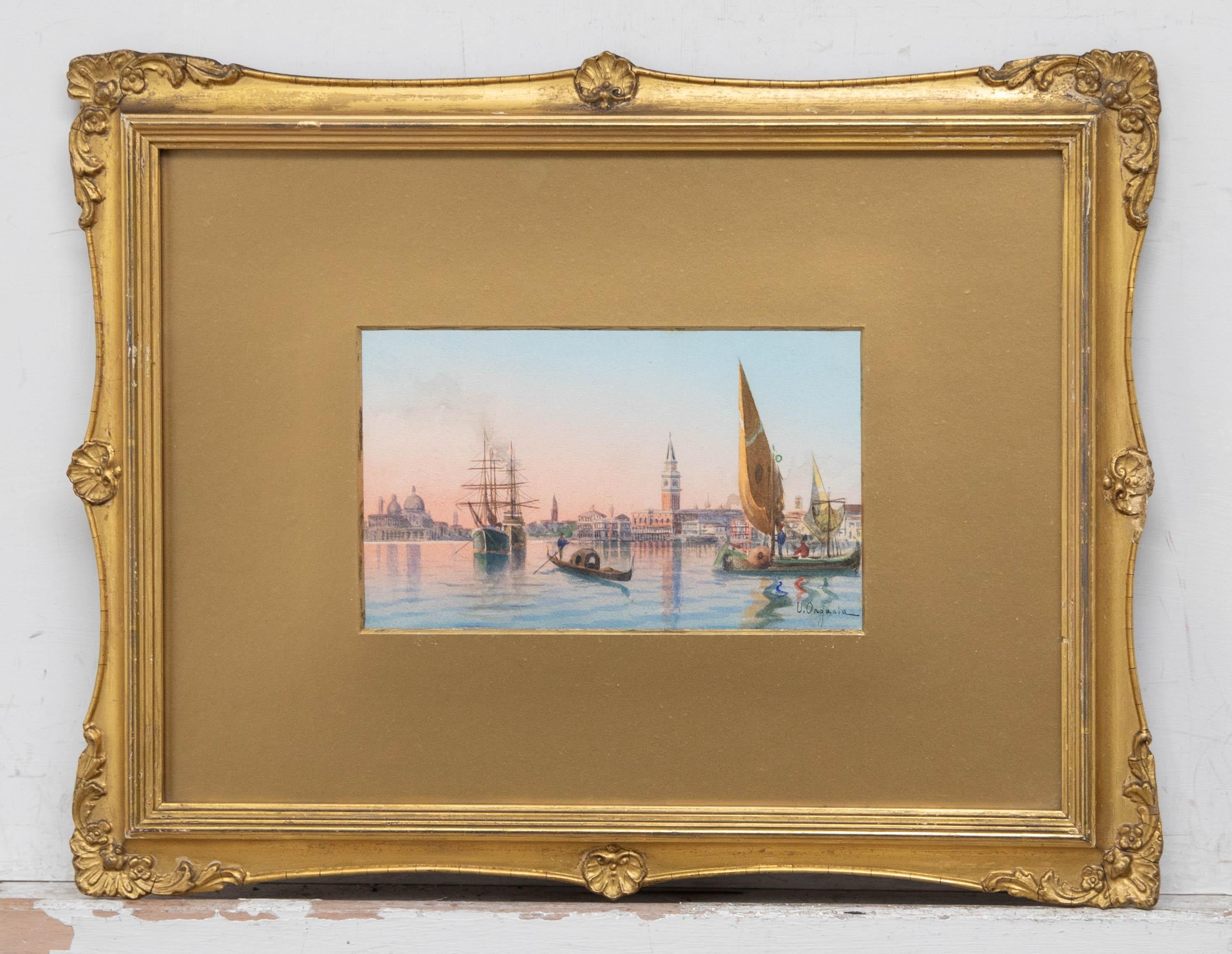 Signed to the lower right. Presented in a swept gilt frame and gold card mount. On paper.