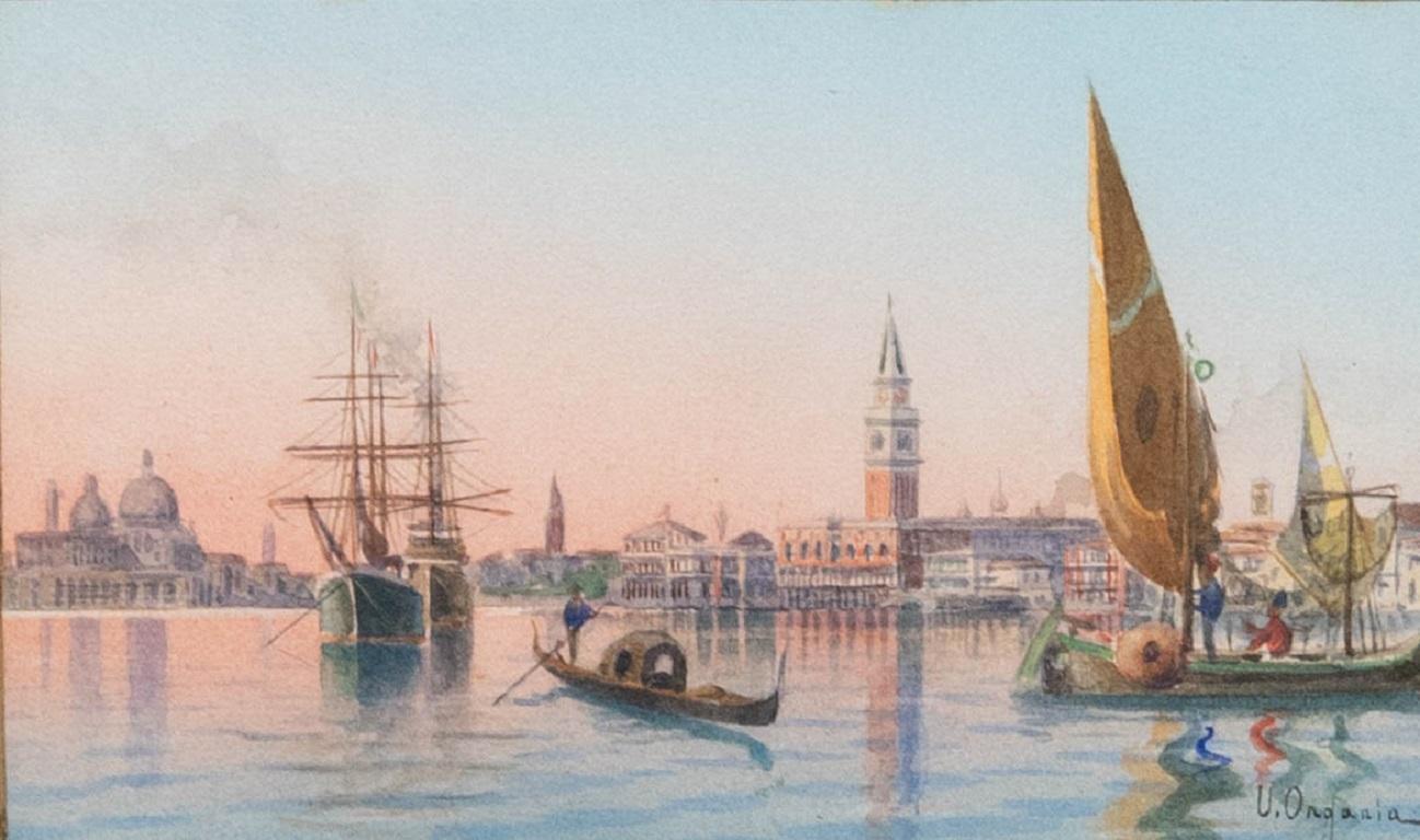 Umberto Ongania (1867-1942) - Early 20th Century Watercolour, Venetian Sunset For Sale 1