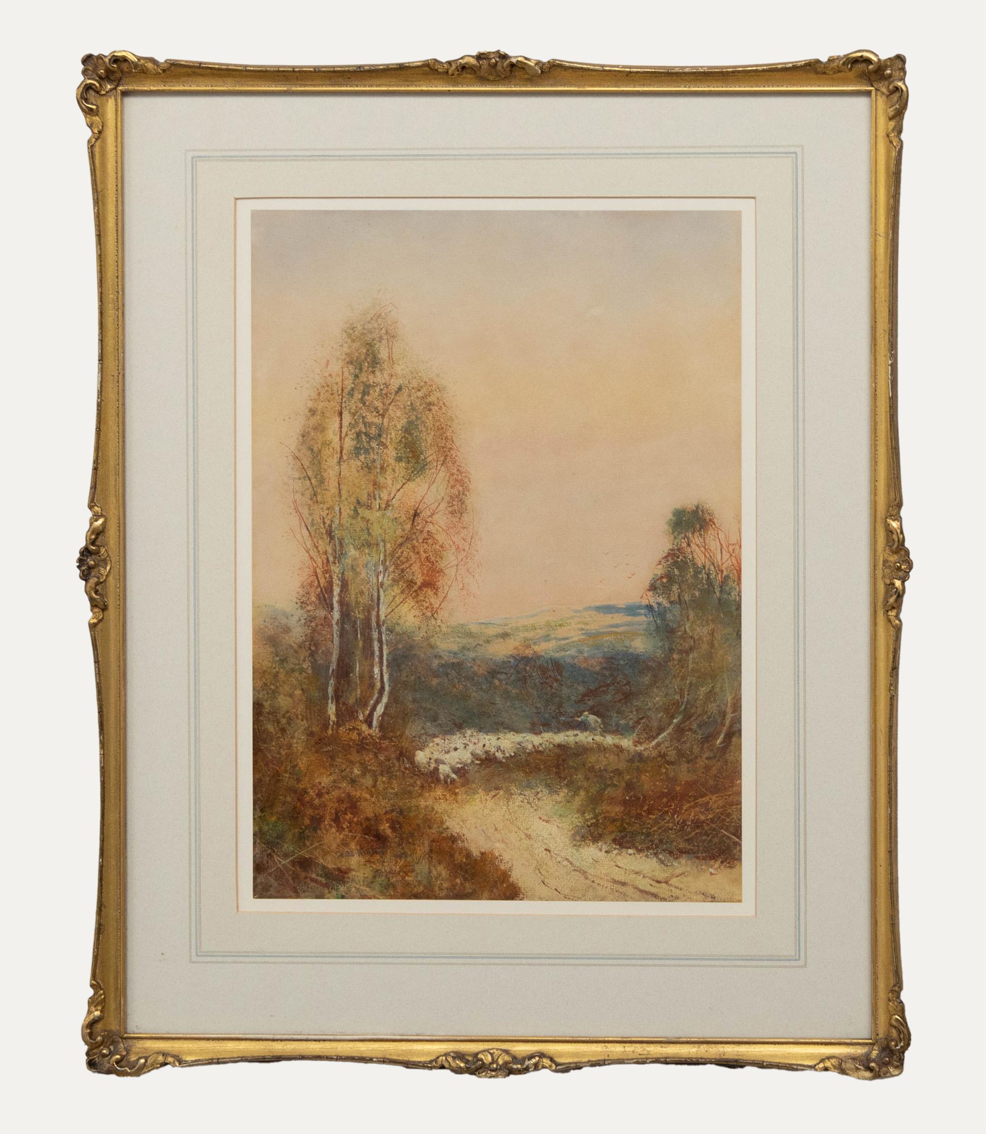 An idyllic watercolour with body colour depicting a shepherd herding sheep down a quiet country lane. Presented in a beautiful gilt and swept frame with floral and acanthus ornamentation. Signed lower left. On paper.