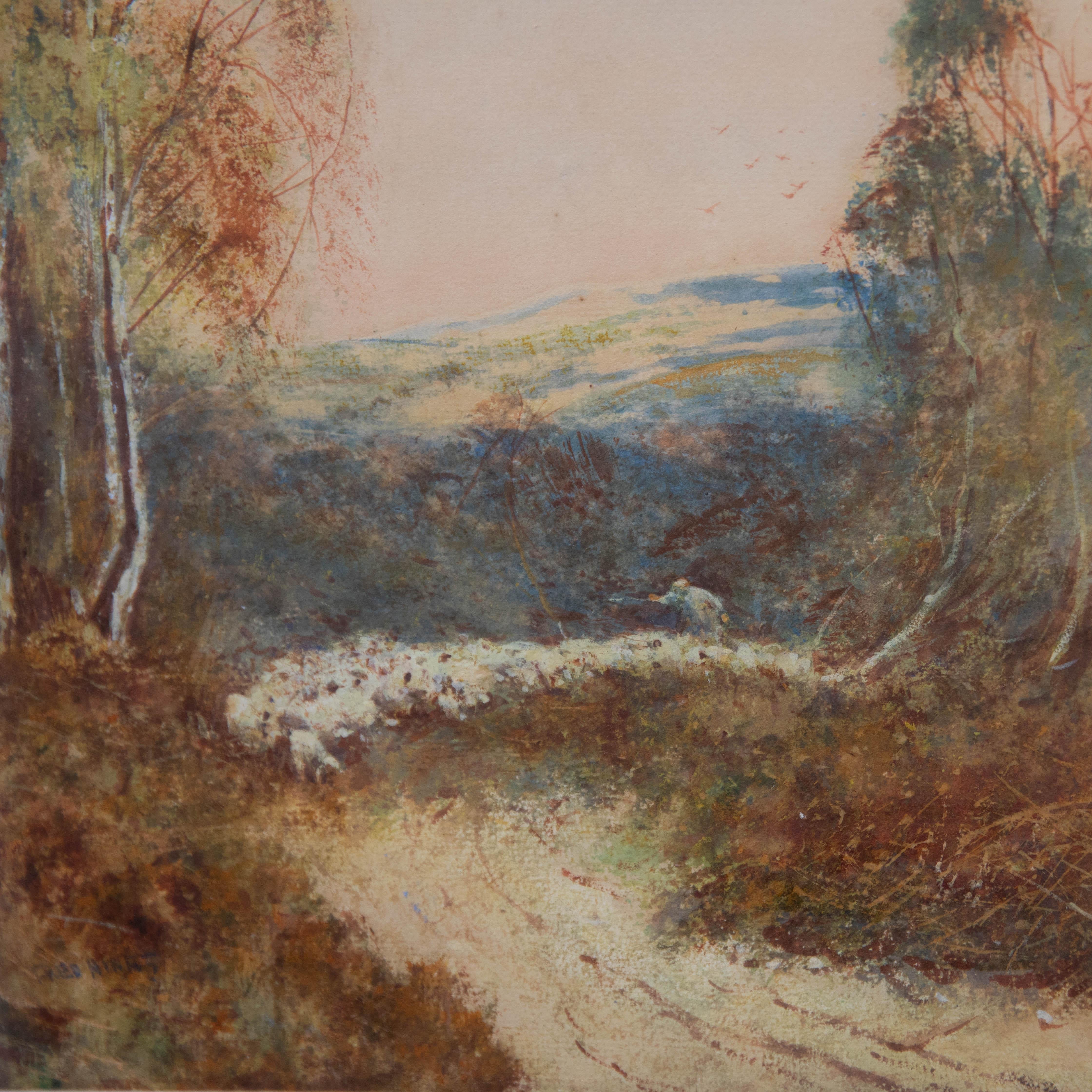 Frederick Hines (fl.1875-1928) - Framed Watercolour, Shepherd Herding Sheep For Sale 3