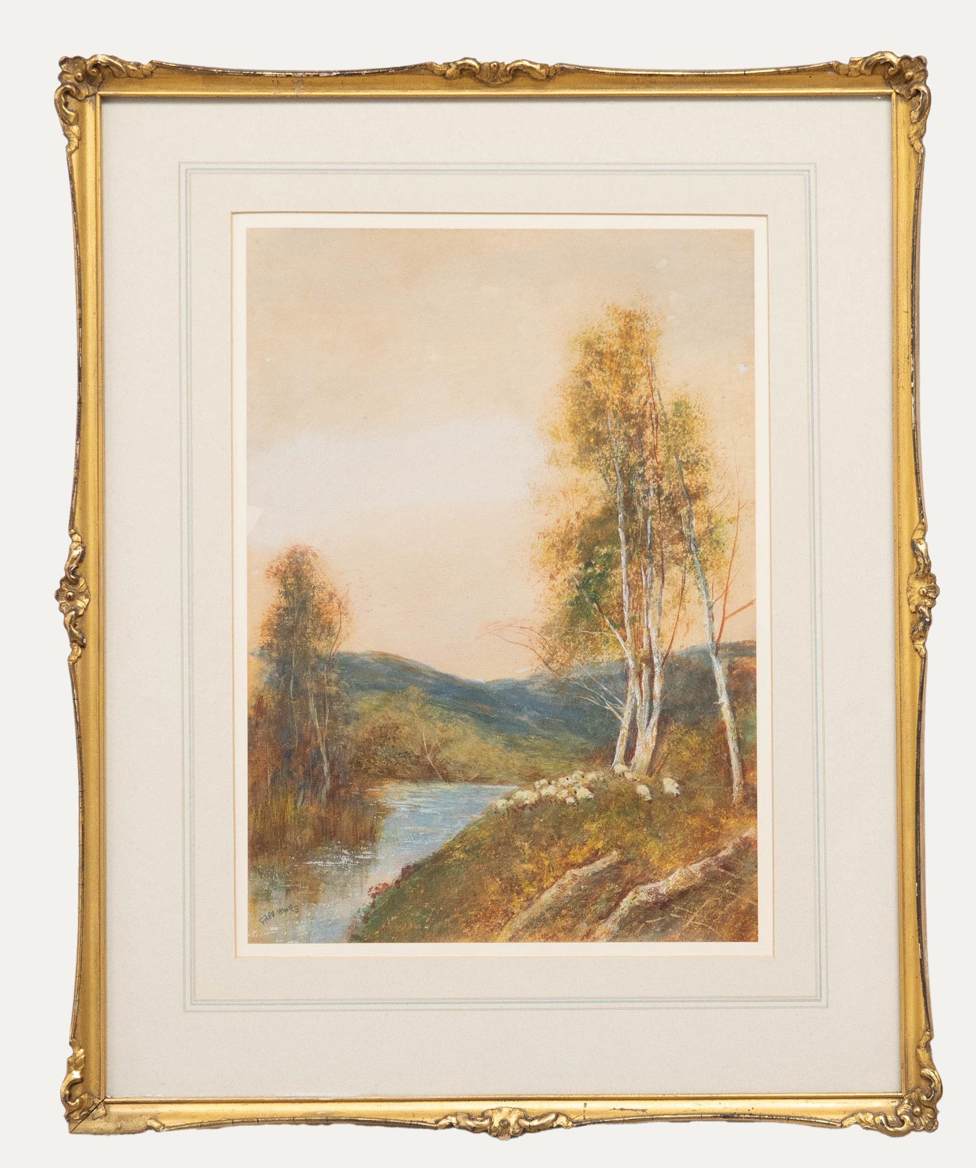 Dieses idyllische Aquarell zeigt eine sanfte Herde, die an einem ruhigen Flussufer weidet. Wunderschön präsentiert in einem vergoldeten und geschwungenen Rahmen mit Blumen- und Akanthusverzierung. Signiert unten links. Auf dem Papier.