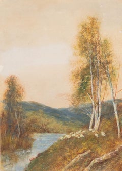Frederick Hines (fl.1875-1928)- Acuarela enmarcada, Ovejas pastando a la orilla del río