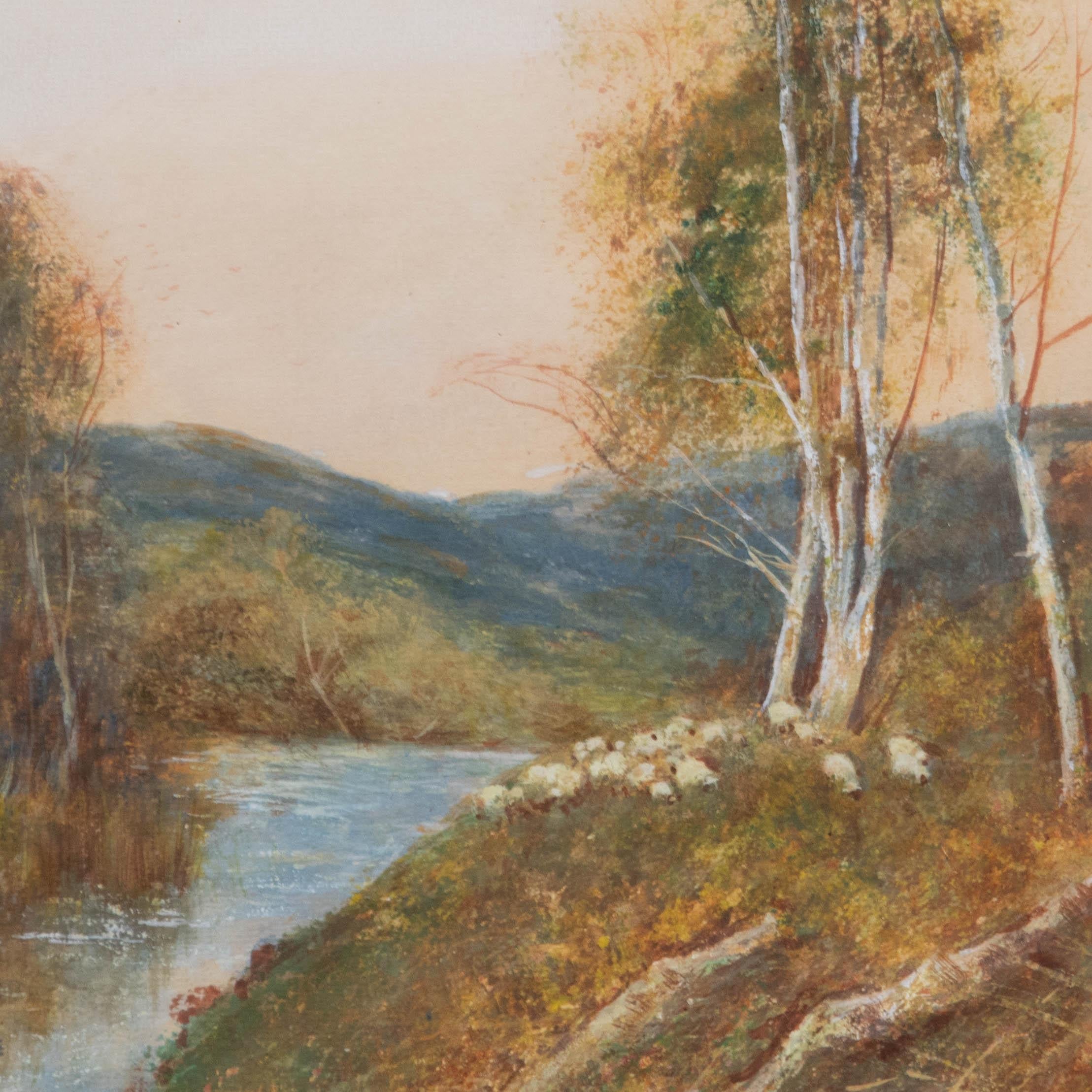 Frederick Hines (fl.1875-1928)- Framed Watercolour, Sheep Grazing the River Bank For Sale 3