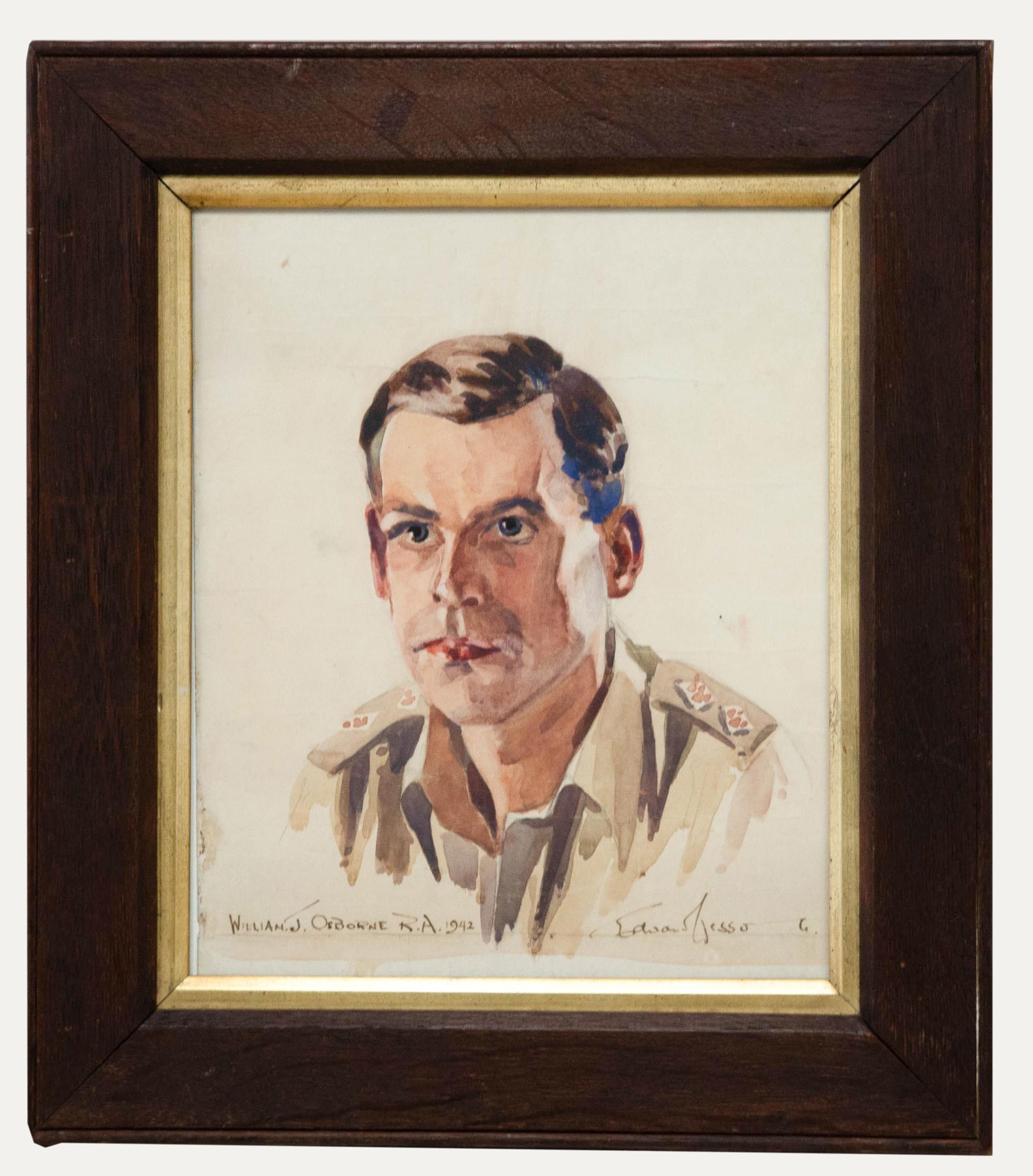 An accomplished watercolour portrait of William J. Osbourne of the Royal Artillery. Here, Wesson captures William in gestural brush strokes, giving the portrait a wonderful loose and relaxed feeling. The watercolour has been presented in a heavy oak