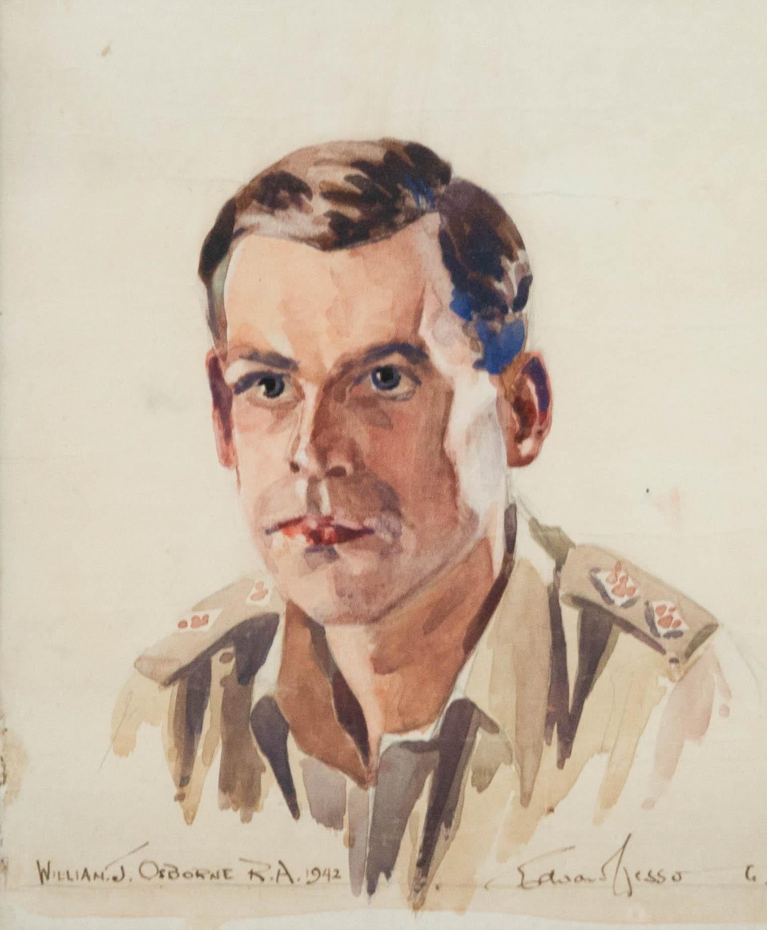 Edward Wesson (1910-1983) - Watercolour, Portrait of Royal Artillery Officer For Sale 1