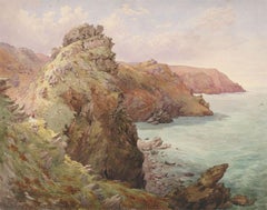 L. Drayton - Aquarelle du 19ème siècle, Castle Rock, Lynmouth