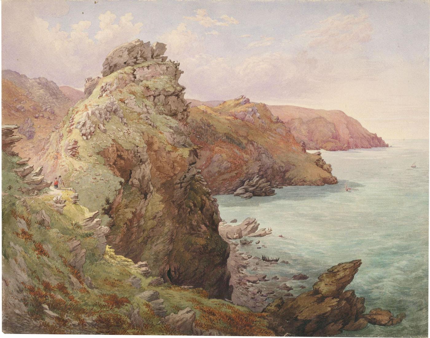 L. Drayton - 19th Century Watercolour, Castle Rock, Lynmouth - Art by Unknown