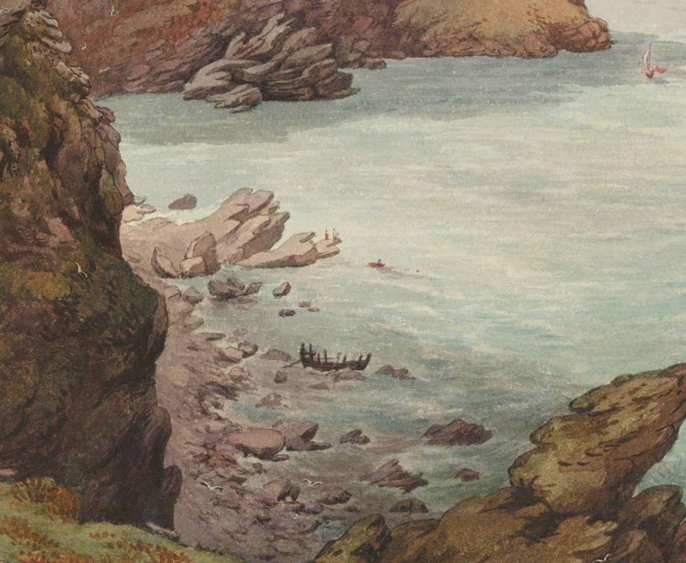 Fine 19th century watercolour by the artist L. Drayton. Castle Rock in the Valley of Rocks, Lynmouth. Unsigned. Inscribed verso. On watercolour paper. 