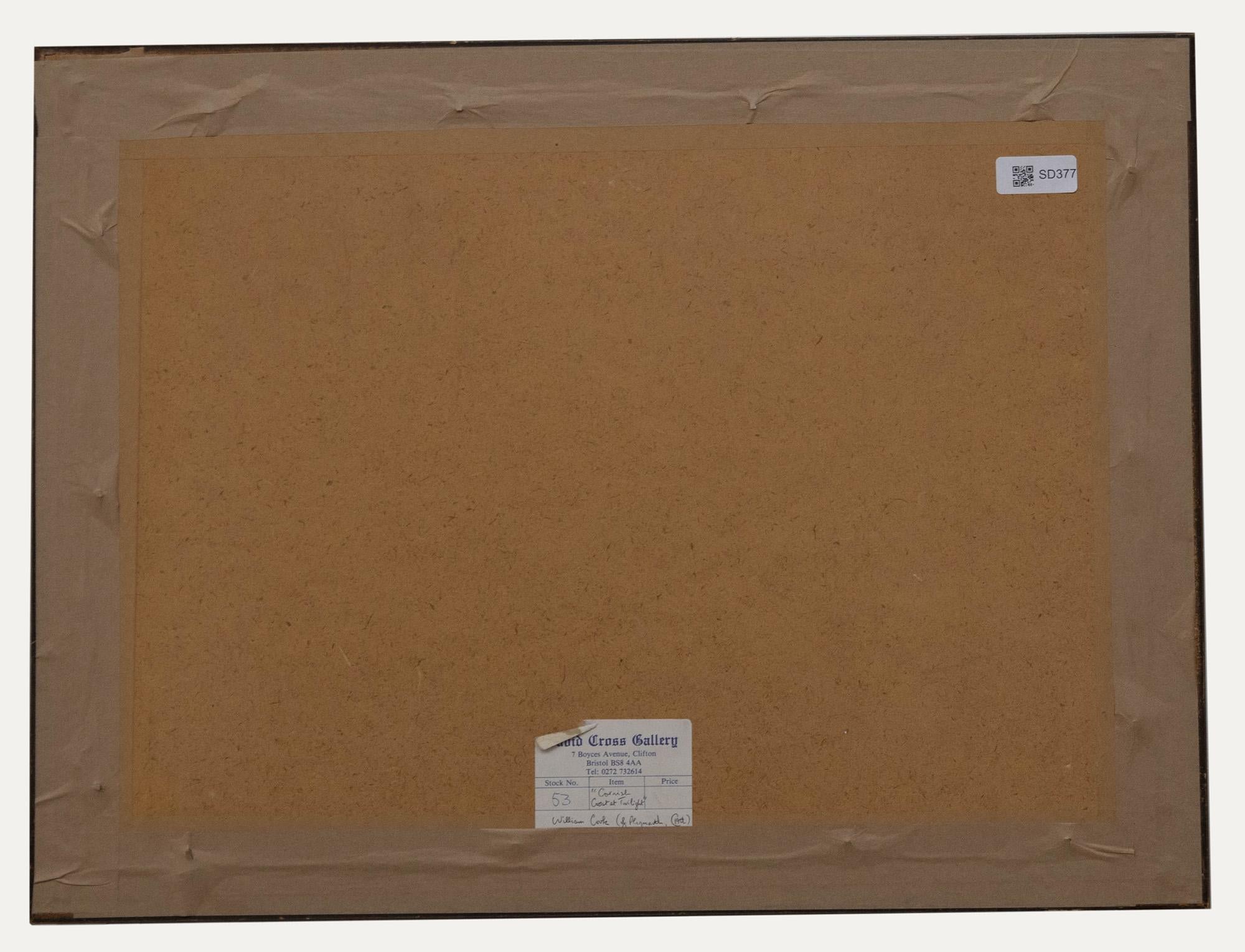 Scène côtière dramatique à l'aquarelle. Présenté dans un grand cadre contemporain avec montage en carte. Labellisé au verso par la 