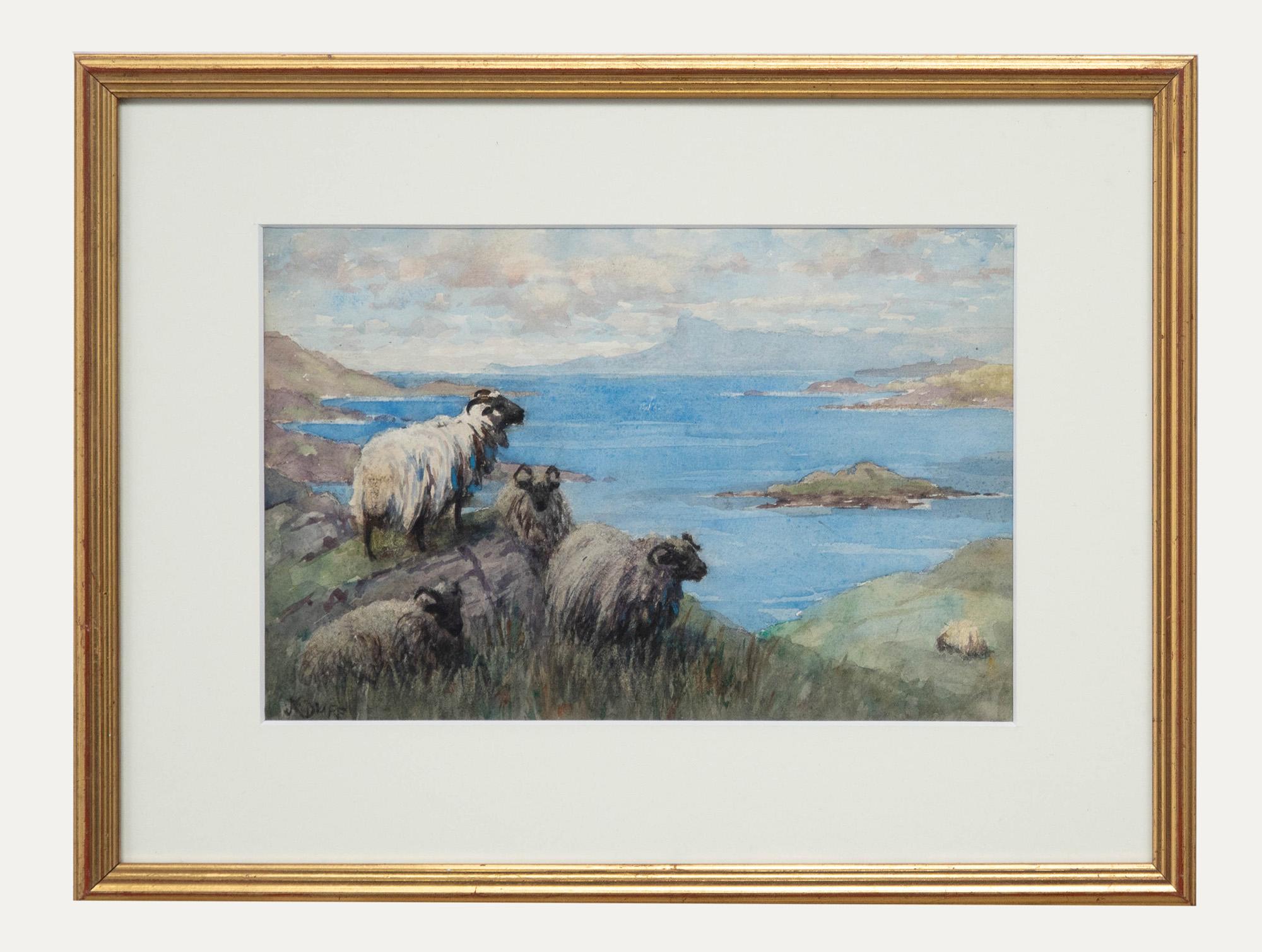 Unknown Figurative Art - John R. K. Duff RI (1862-1938) - Framed Watercolour, Sheep Grazing on a Clifftop