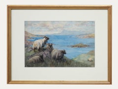 John R. K. Duff RI (1862-1938) - Aquarelle encadrée, moutons Grazing on a Clifftop